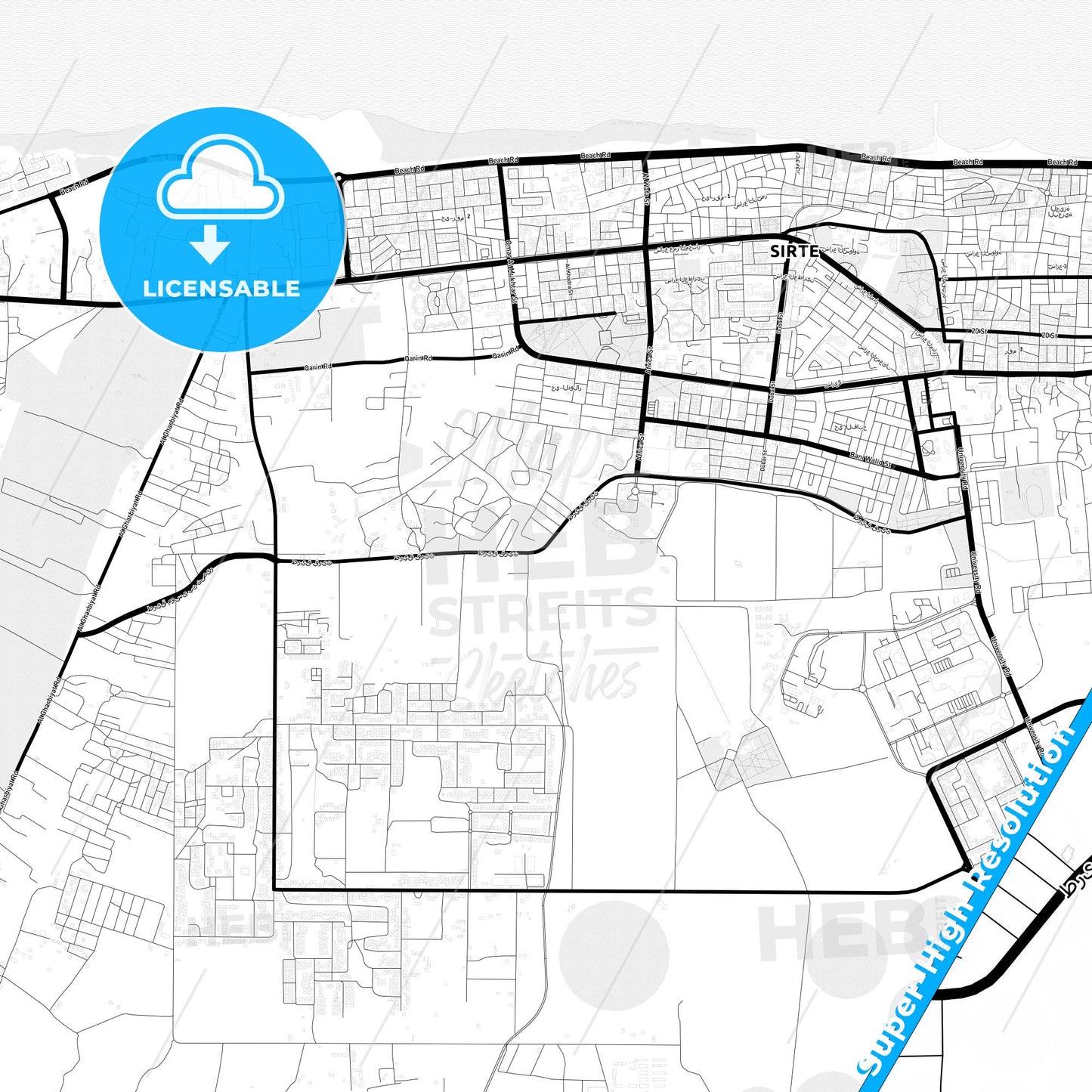 Sirte, Libya Light Map with Street Names, City Names, and Districts