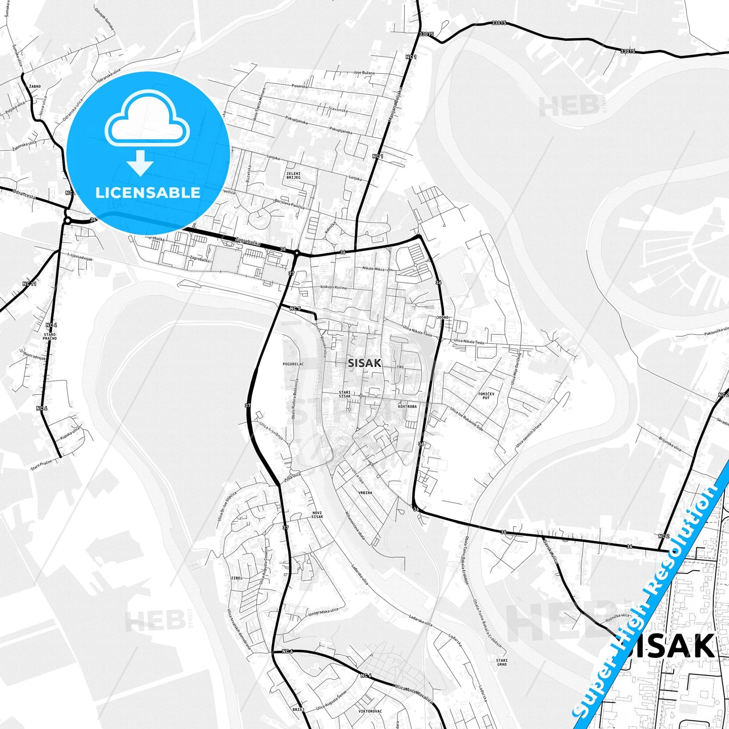 Sisak, Croatia Light Map with Street Names, City Names, and Districts