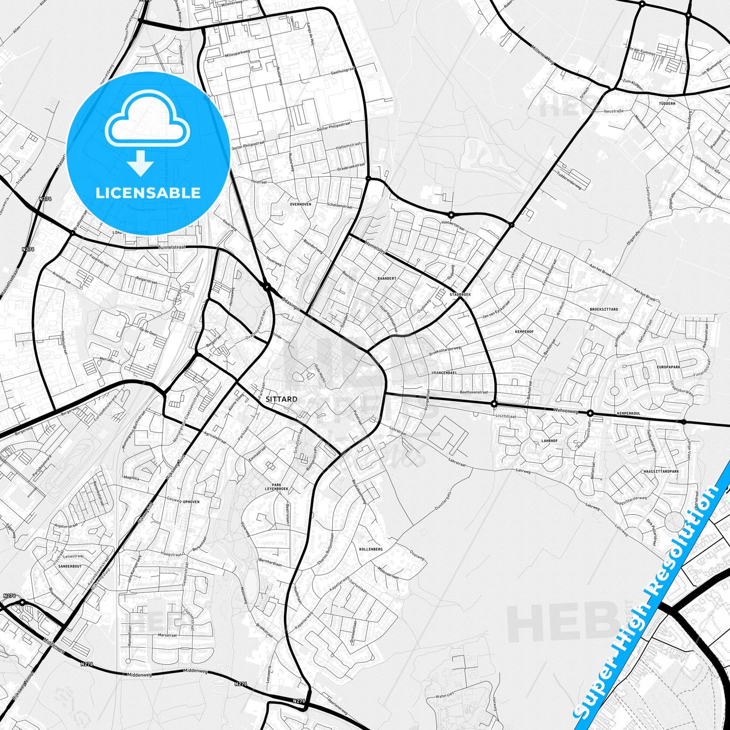 Sittard-Geleen, Netherlands Light Map with Street Names, City Names, and Districts