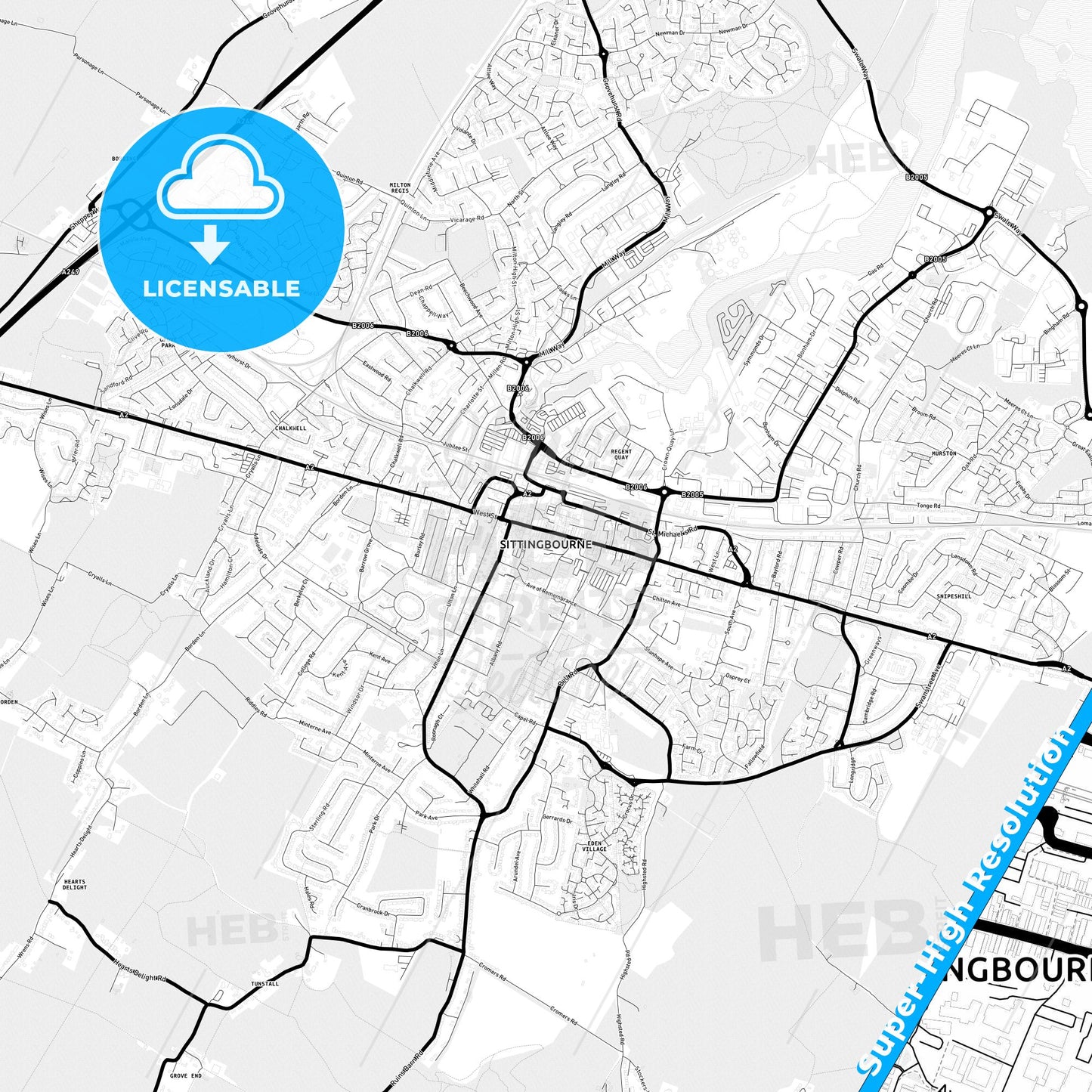 Sittingbourne, England Light Map with Street Names, City Names, and Districts