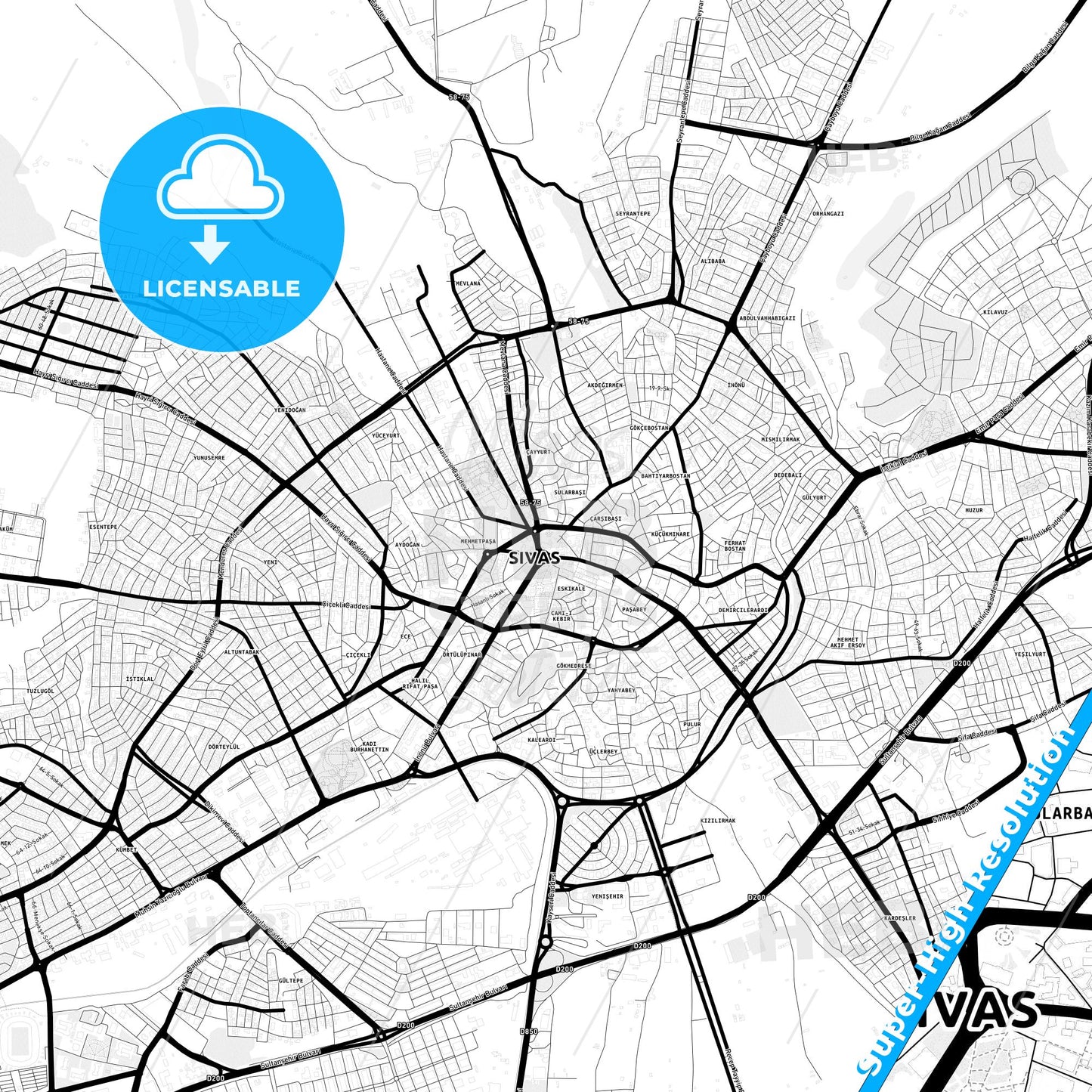 Sivas, Turkey Light Map with Street Names, City Names, and Districts