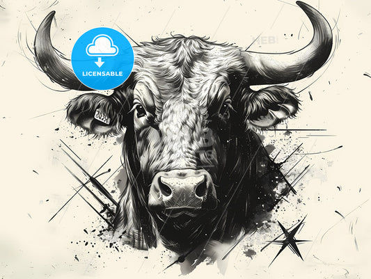 Vibrant bull head sketch, detailed 3/4 angle, stunning line art, illustration drawing