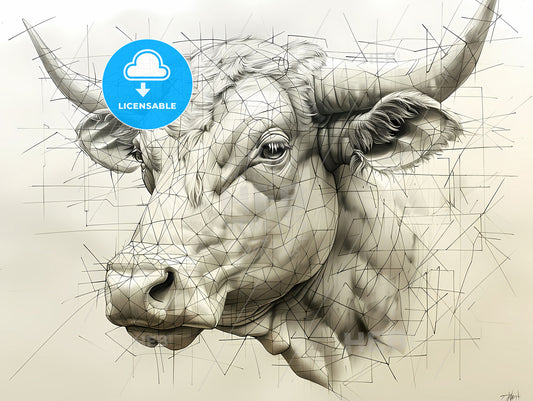 Vibrant Linework Bull Head Art: 3/4 Angle Line Art Sketch of a Charging Bull