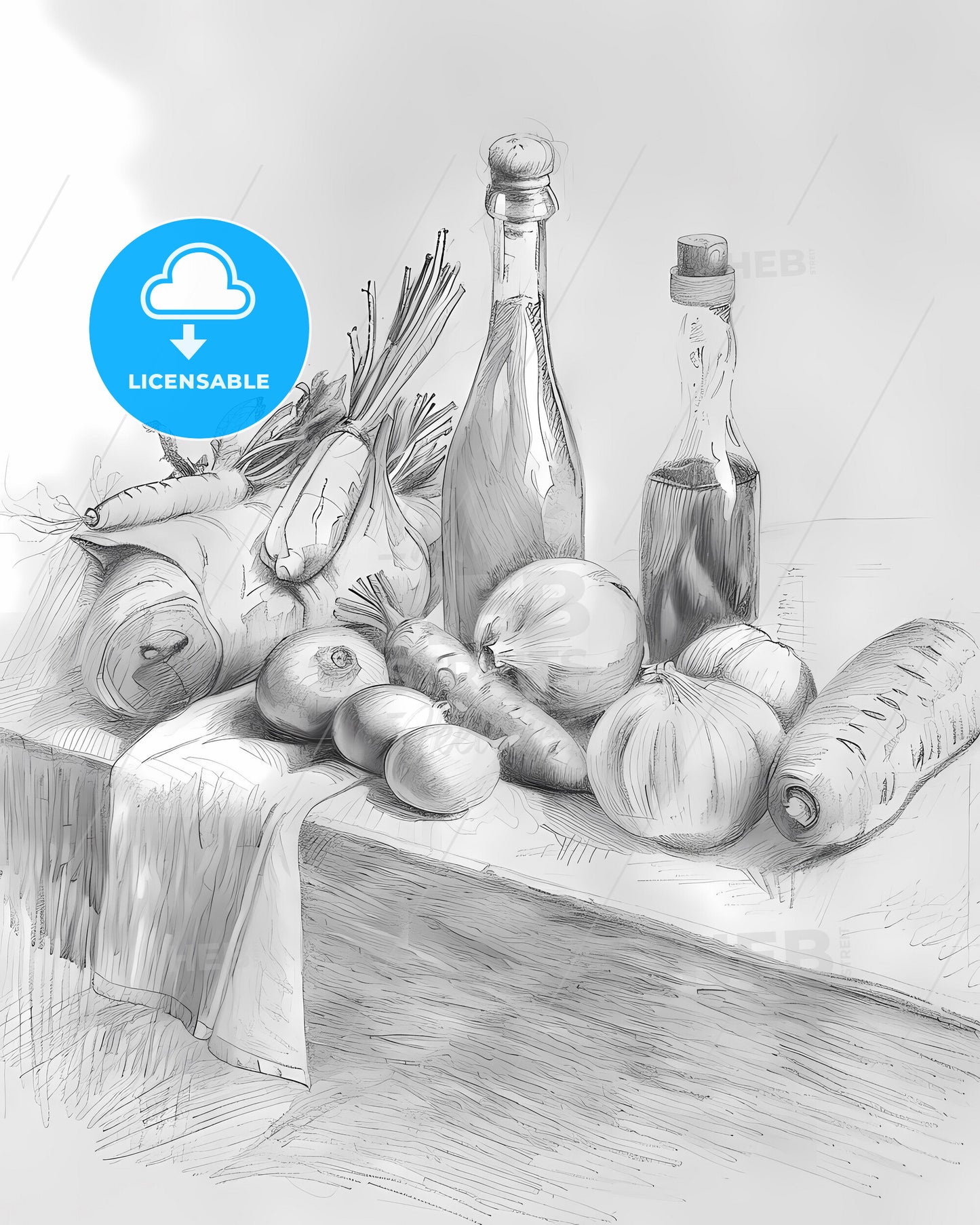 Kitchen Counter Still Life: Vegetables and Oil Sketch on Tabletop, Vibrant Art Print