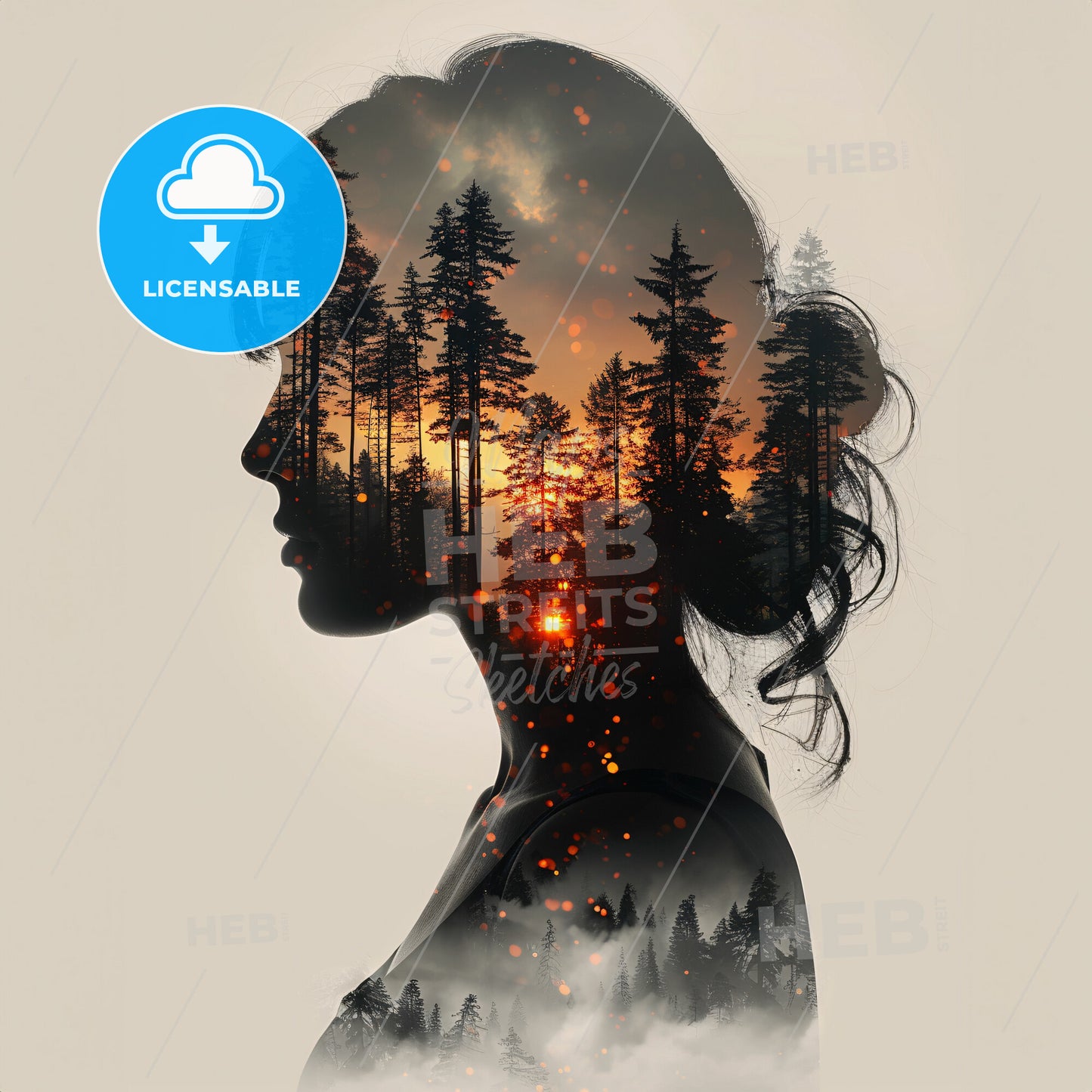 Sketches of the Surreal - A womans profile with trees and smoke
