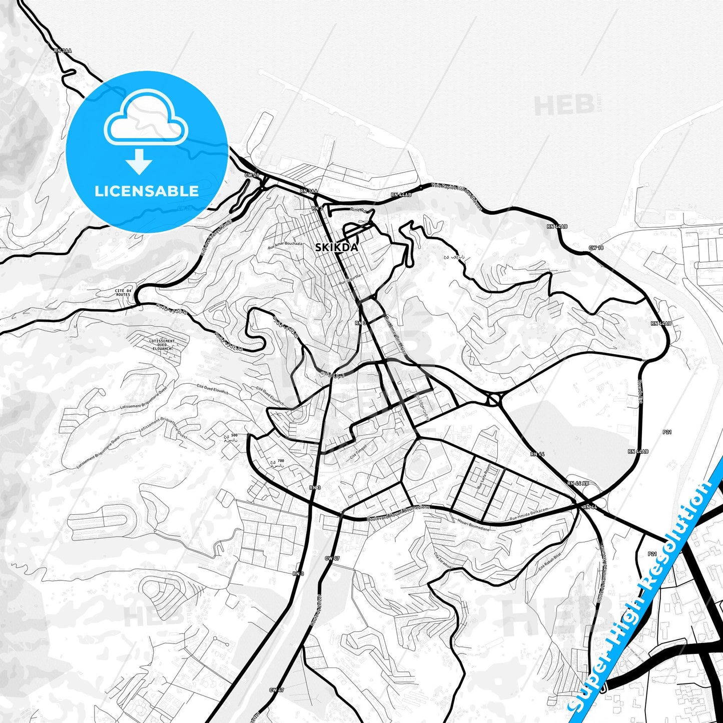 Skikda, Algeria Light Map with Street Names, City Names, and Districts