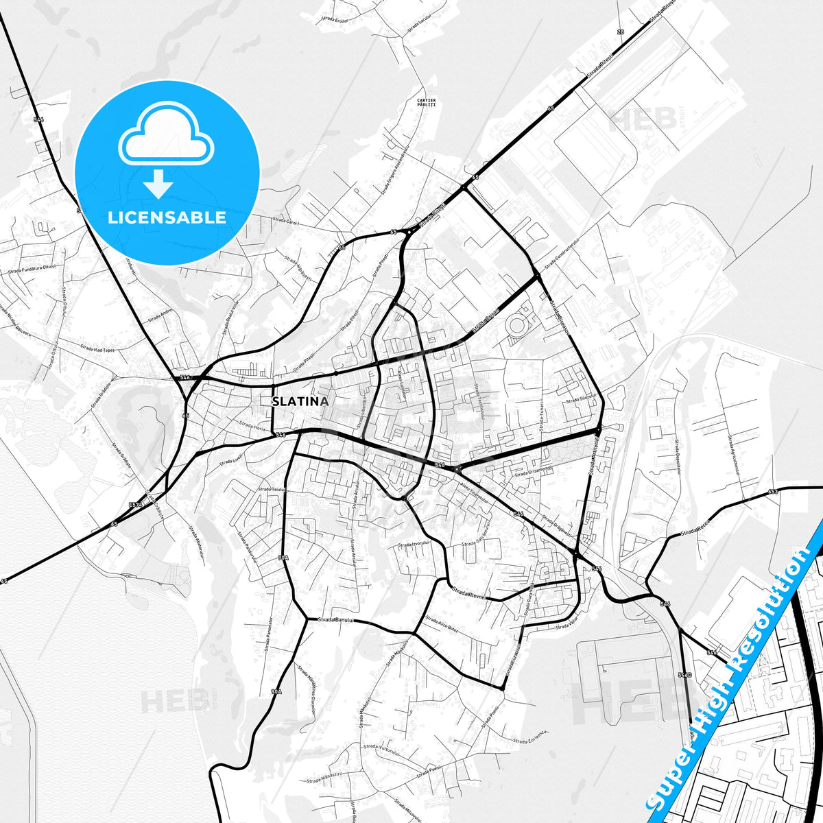 Slatina, Romania Light Map with Street Names, City Names, and Districts