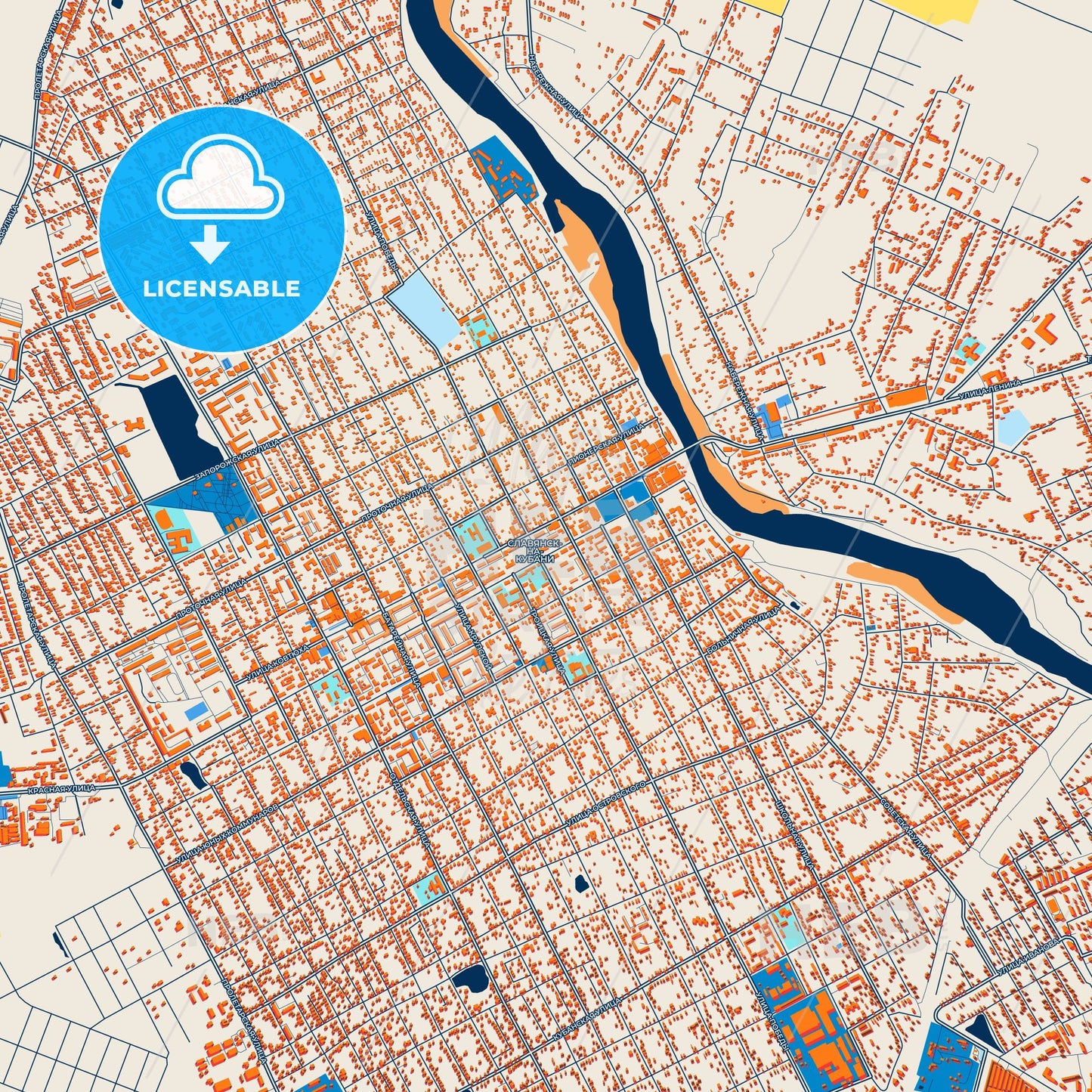 Colorful Slavyansk-na-Kubani Street Map with Labels and Buildings
