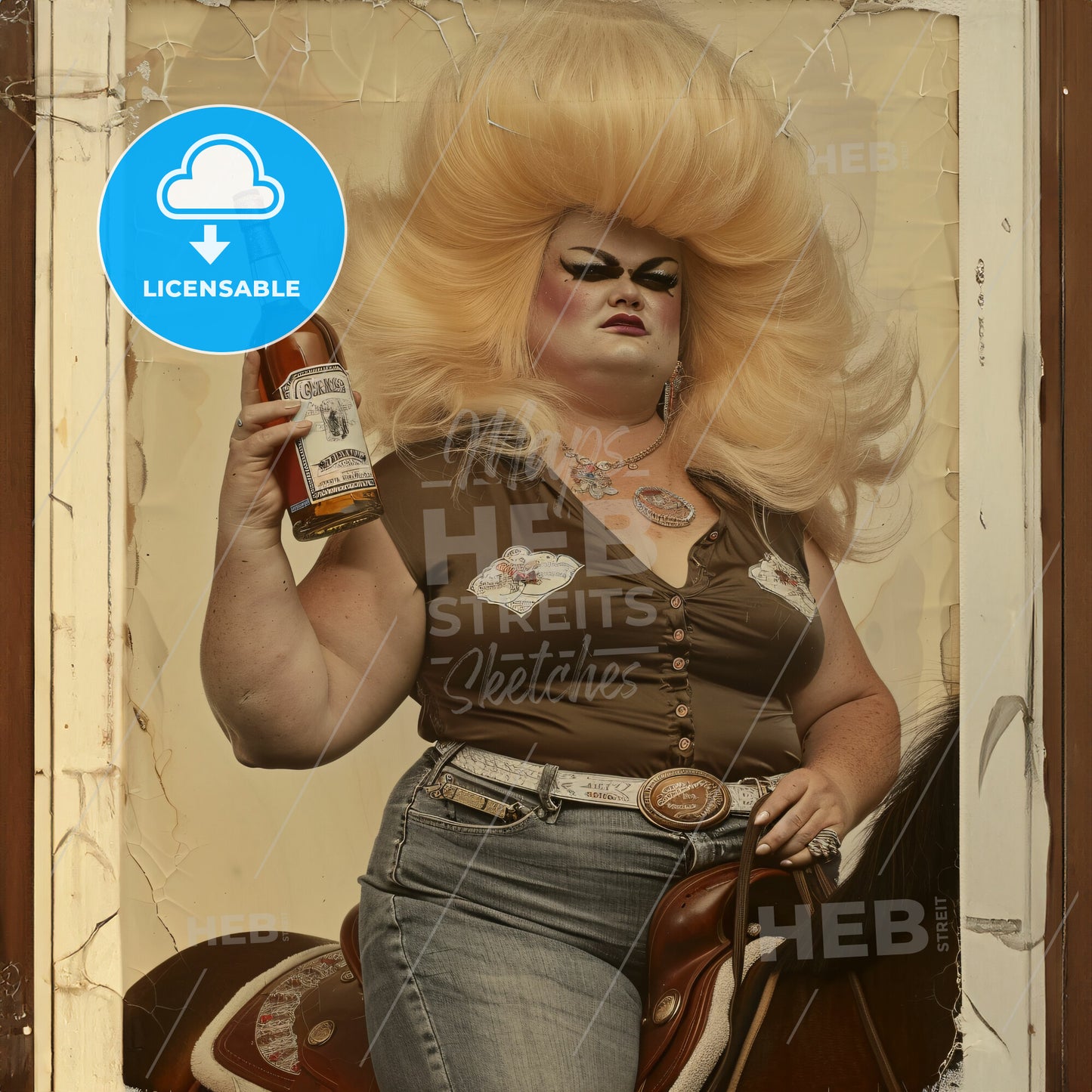 slightly weathered and worn polaroid of an fat - A person holding a bottle of alcohol