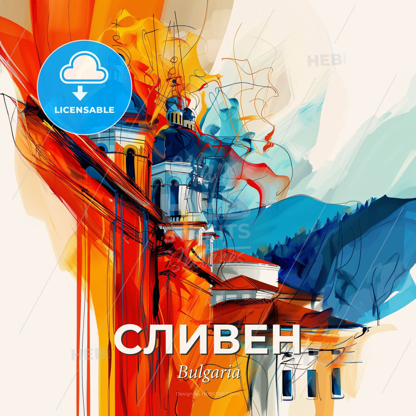 Vibrant Сливен, Bulgaria - A Painting Of A Building With A Steeple And Mountains In The Background - Square format print template