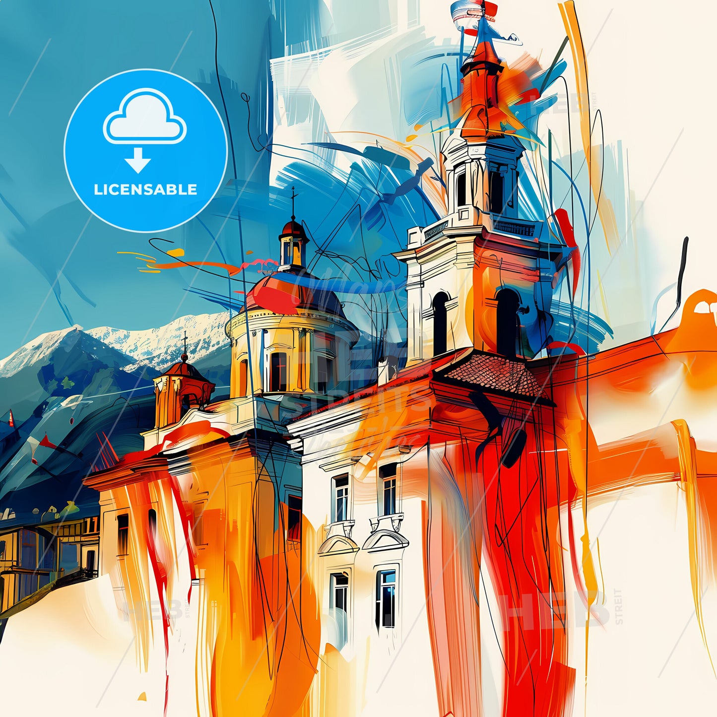 Vibrant Сливен, Bulgaria - A Painting Of A Building With A Mountain In The Background