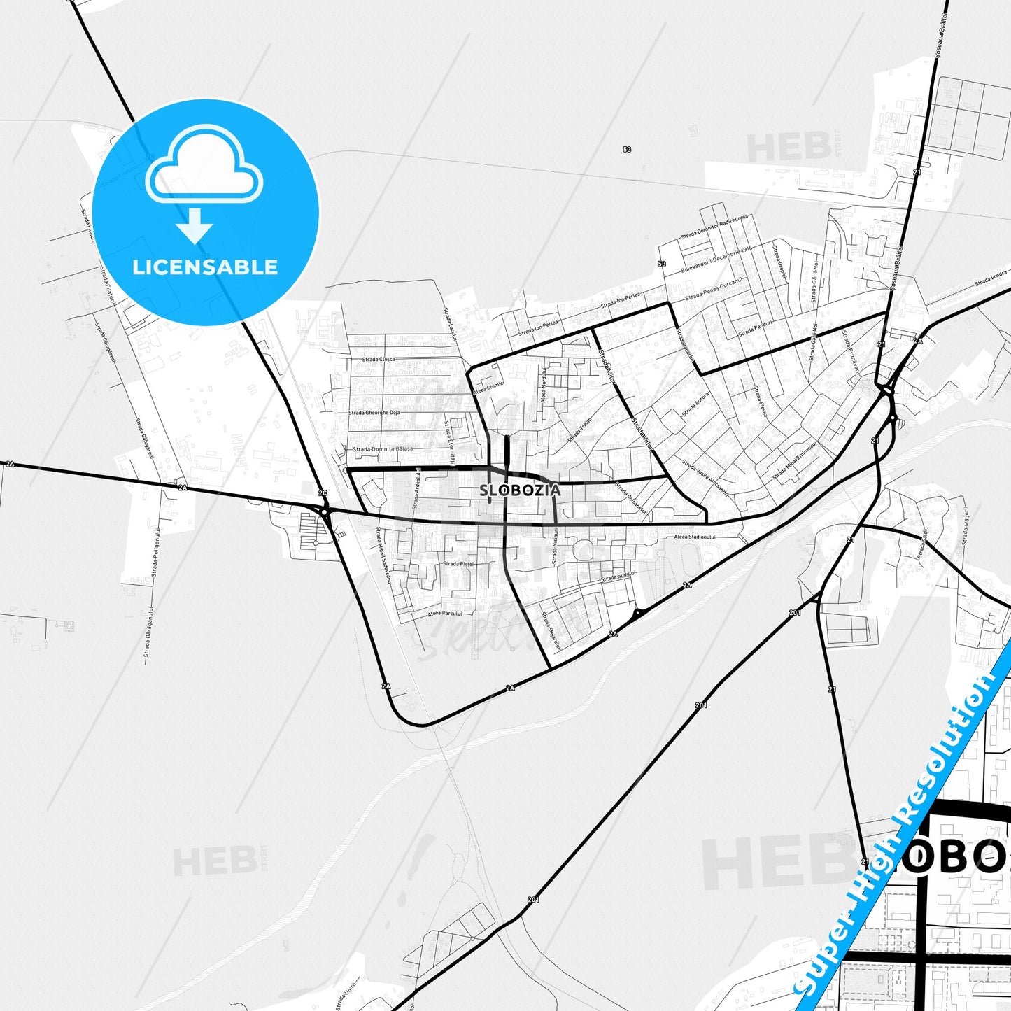 Slobozia, Romania Light Map with Street Names, City Names, and Districts