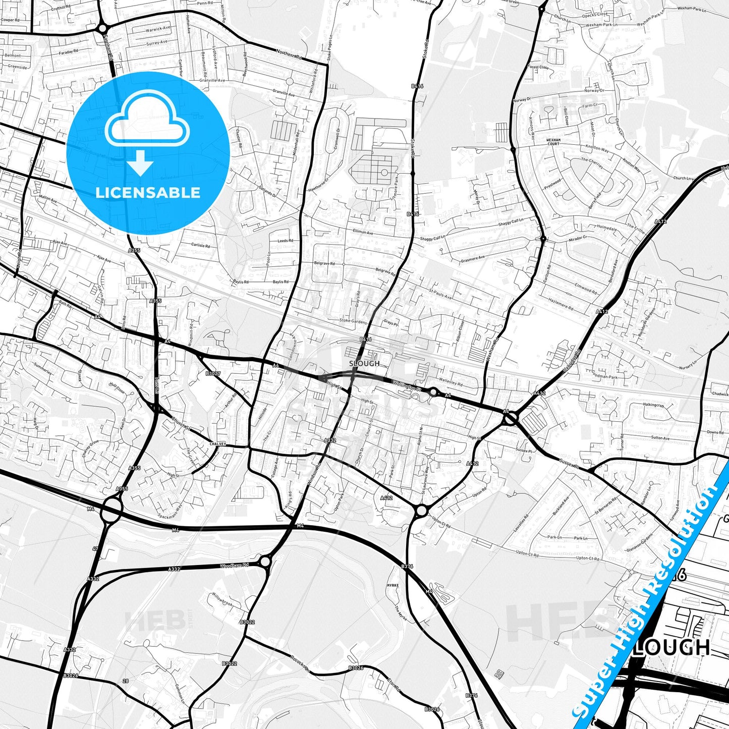 Slough, England Light Map with Street Names, City Names, and Districts