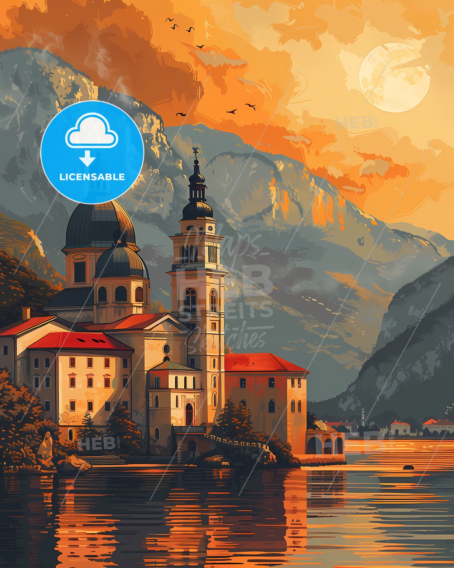 Colorful Architectural Artwork of European Riverside Building