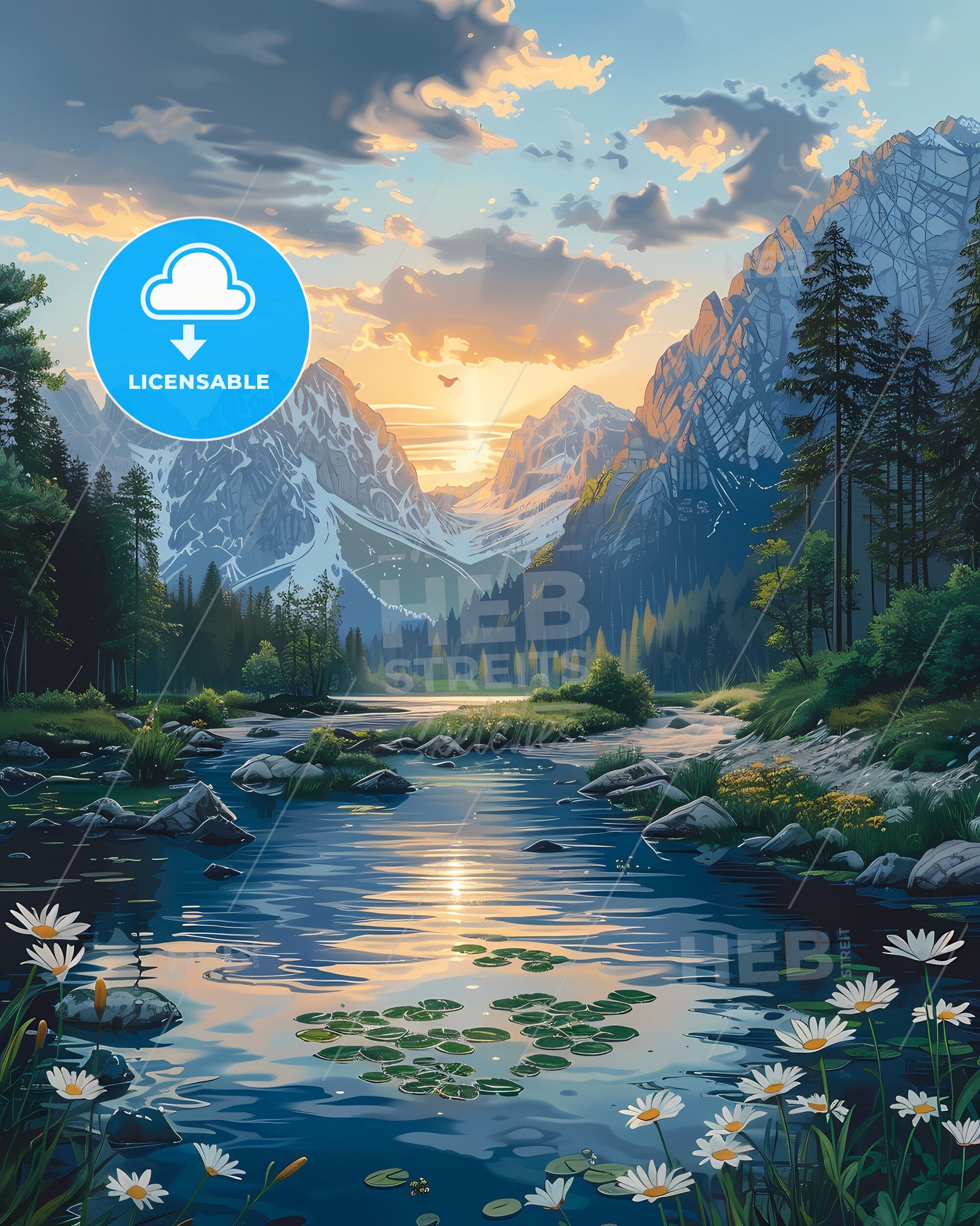 Artistic River Landscape Painting: Slovenia, Europe, Nature, Flowers, Mountains