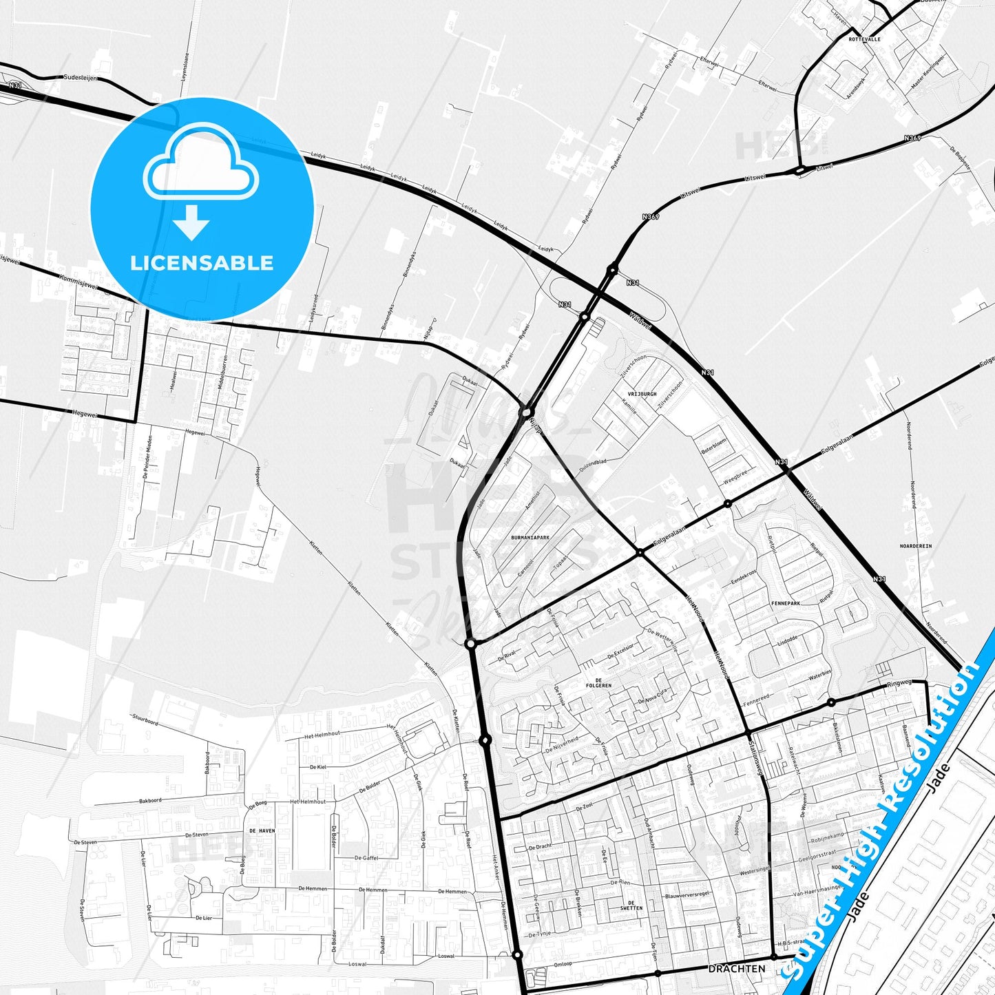 Smallingerland, Netherlands Light Map with Street Names, City Names, and Districts