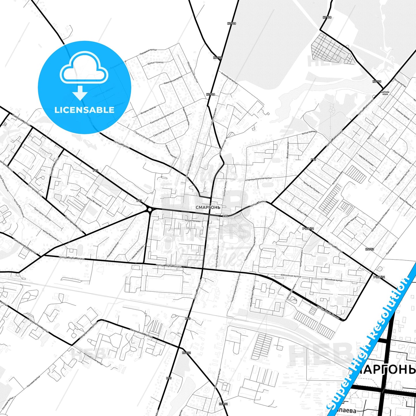 Smarhon, Belarus Light Map with Street Names, City Names, and Districts