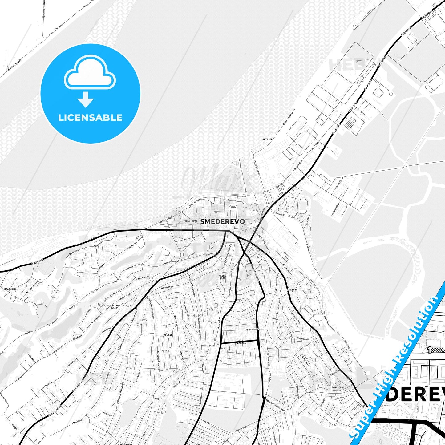 Smederevo, Serbia Light Map with Street Names, City Names, and Districts
