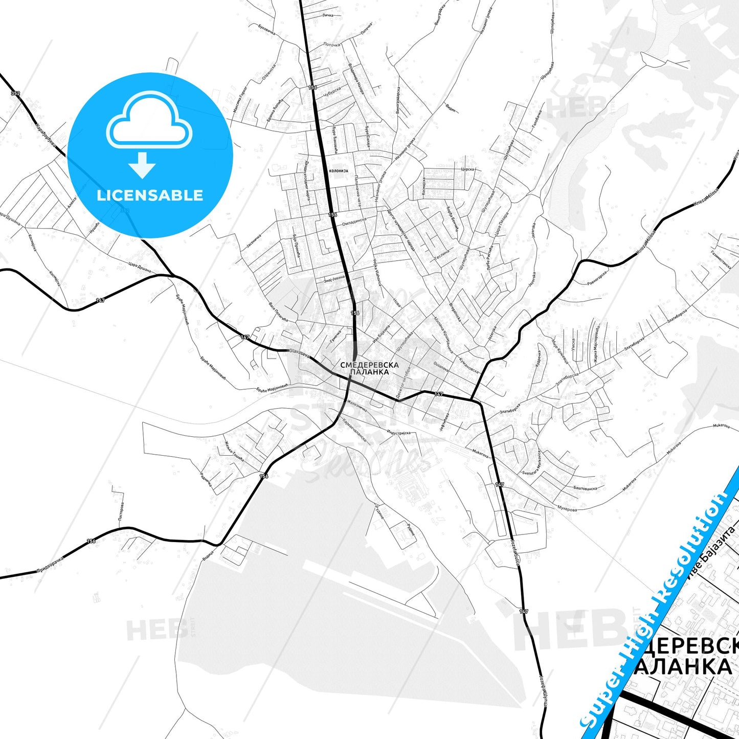 Smederevska Palanka, Serbia Light Map with Street Names, City Names, and Districts