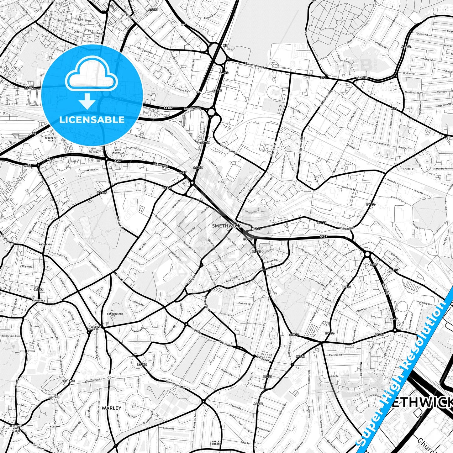 Smethwick, England Light Map with Street Names, City Names, and Districts