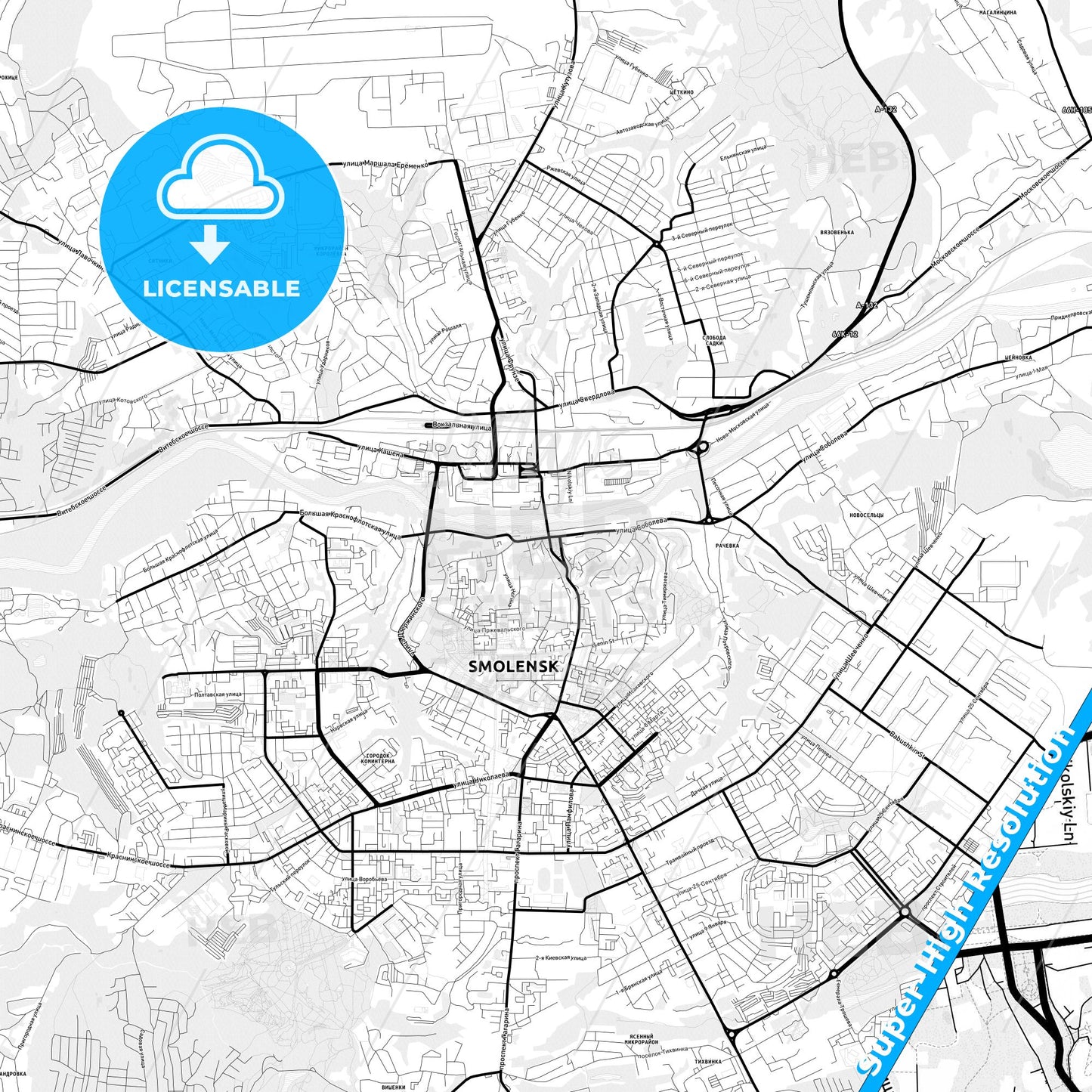 Smolensk, Russia Light Map with Street Names, City Names, and Districts