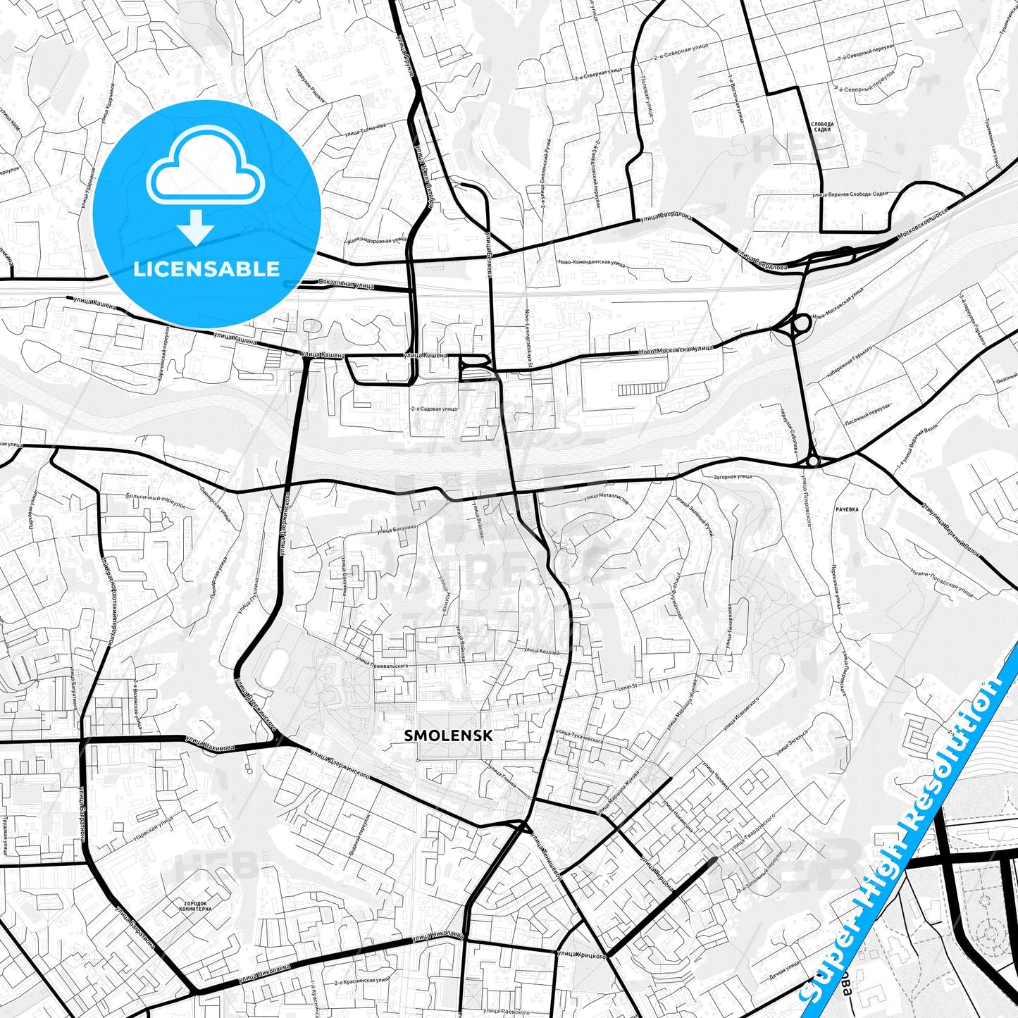 Smolensk, Russia Light Map with Street Names, City Names, and Districts