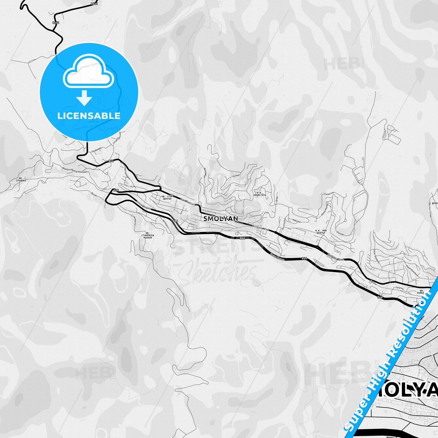 Smolyan, Bulgaria Light Map with Street Names, City Names, and Districts
