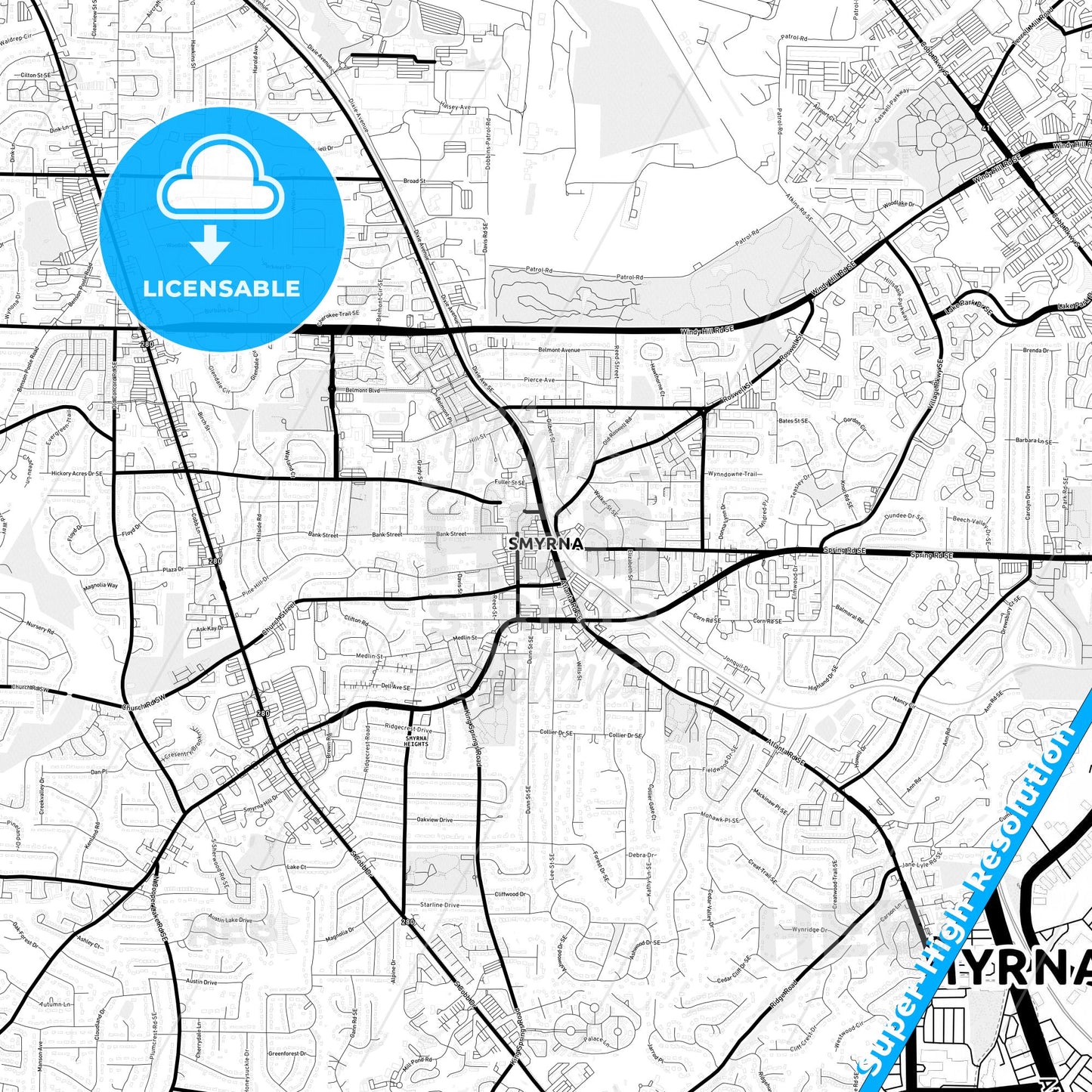 Smyrna, Georgia Light Map with Street Names, City Names, and Districts