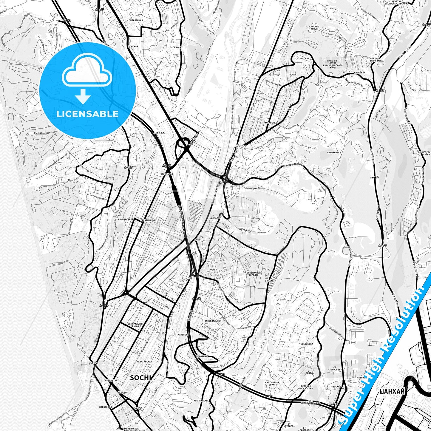 Sochi, Russia Light Map with Street Names, City Names, and Districts