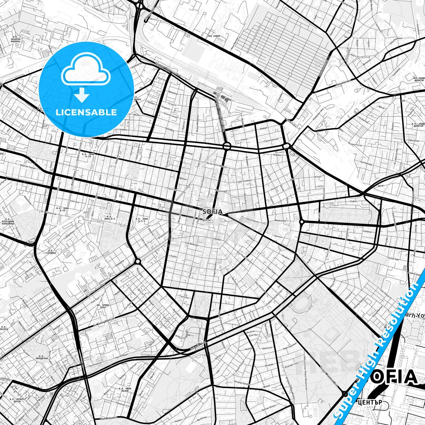 Sofia, Bulgaria Light Map with Street Names, City Names, and Districts