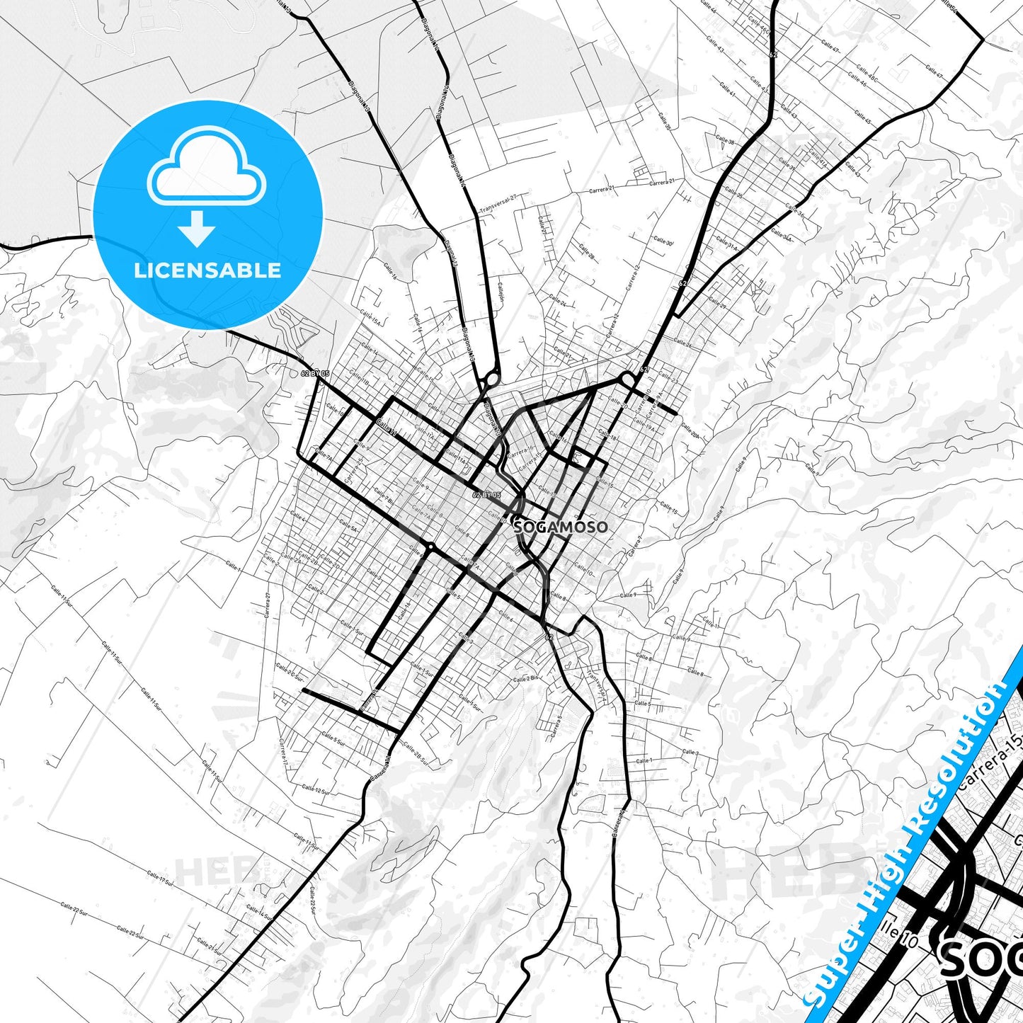 Sogamoso, Colombia Light Map with Street Names, City Names, and Districts