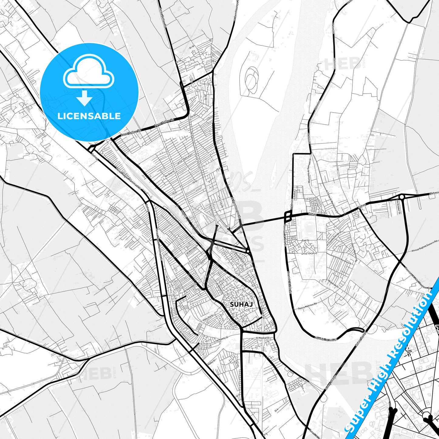 Sohag, Egypt Light Map with Street Names, City Names, and Districts