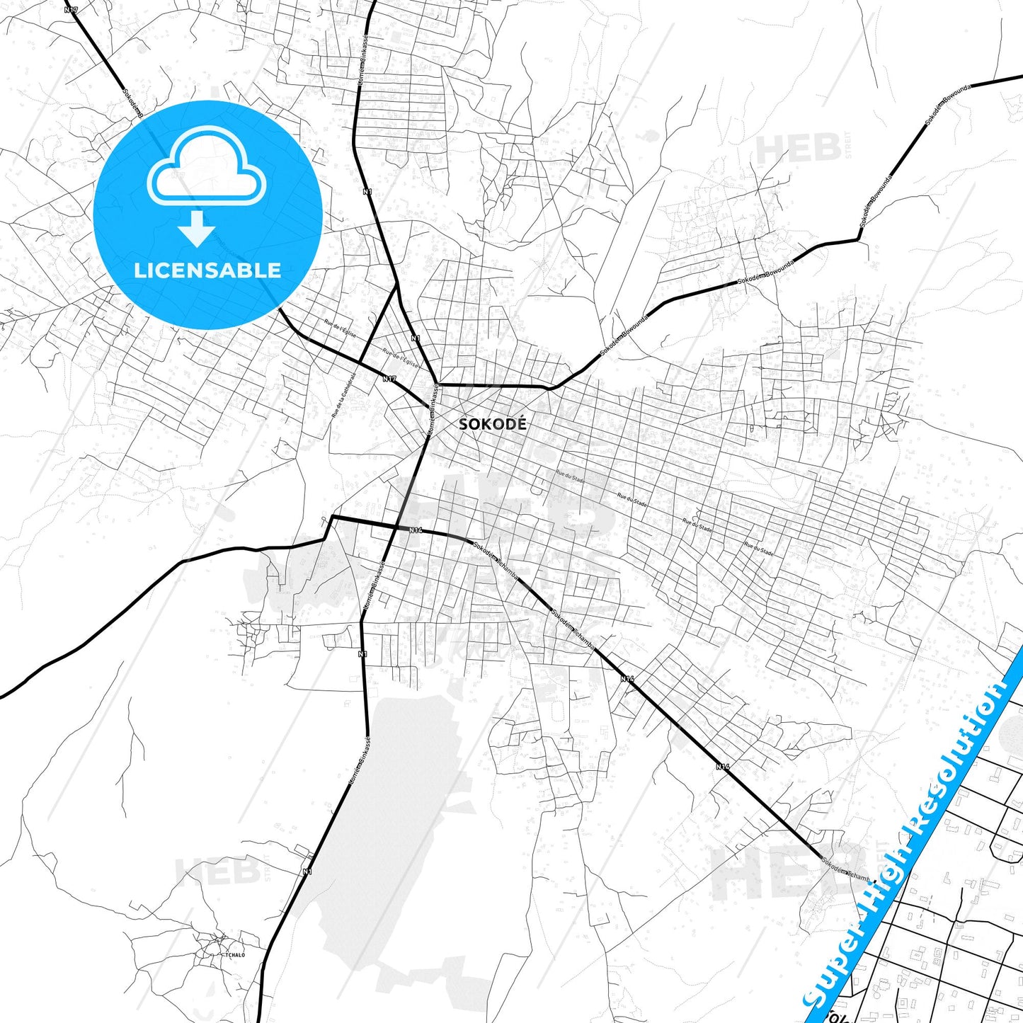 Sokode, Togo Light Map with Street Names, City Names, and Districts