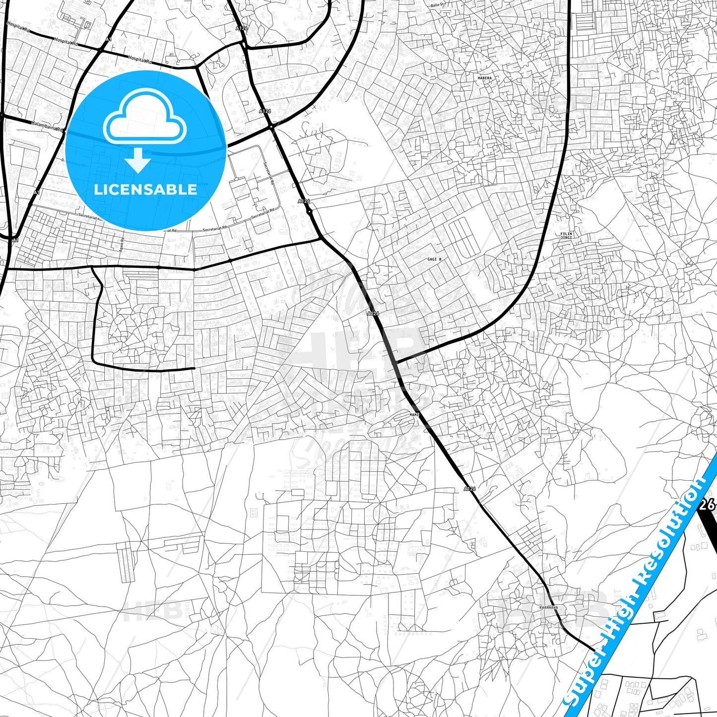 Sokoto, Nigeria Light Map with Street Names, City Names, and Districts