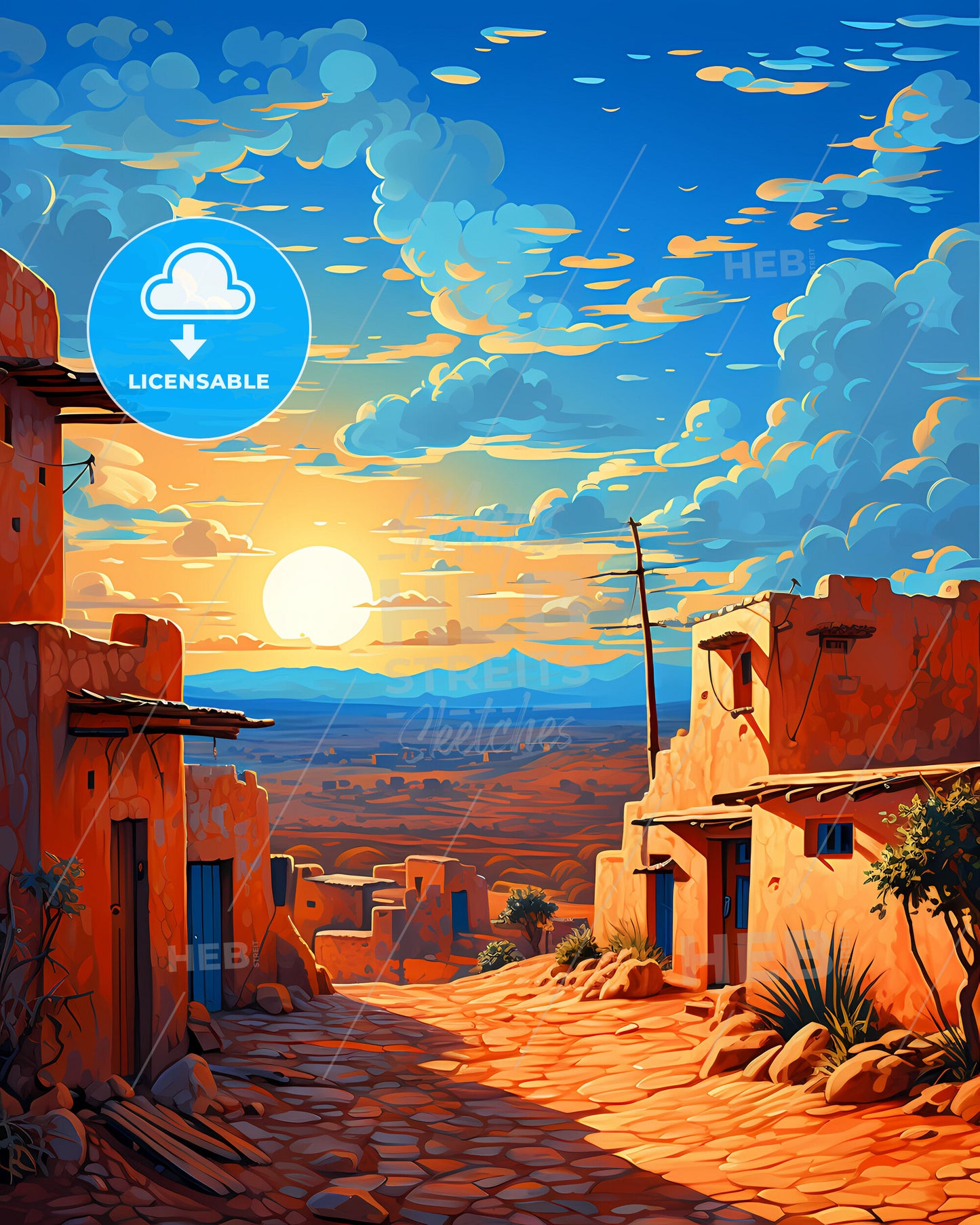 Vibrant Painting of Village Skyline in Sokoto Nigeria with a Focus on Art