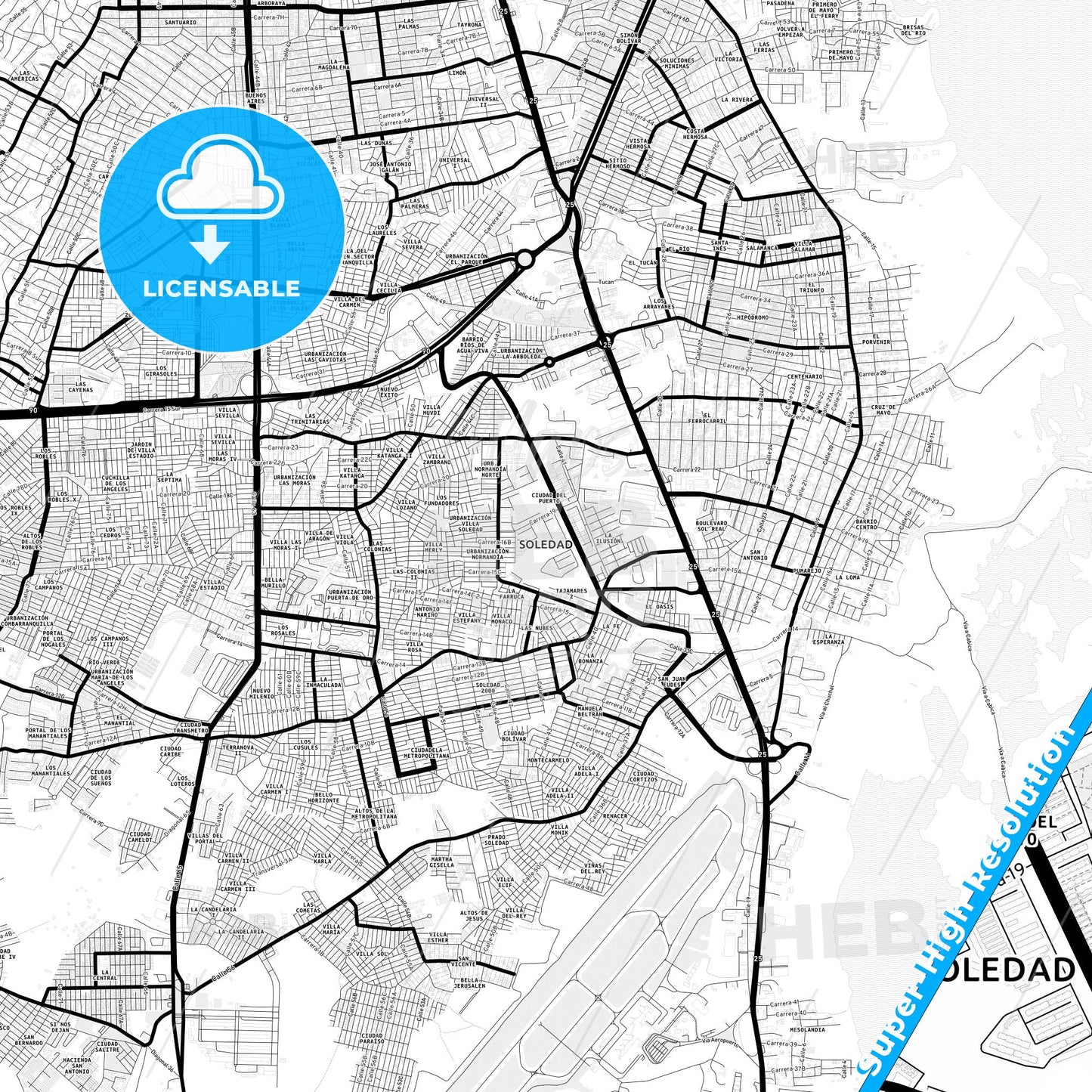 Soledad, Colombia Light Map with Street Names, City Names, and Districts