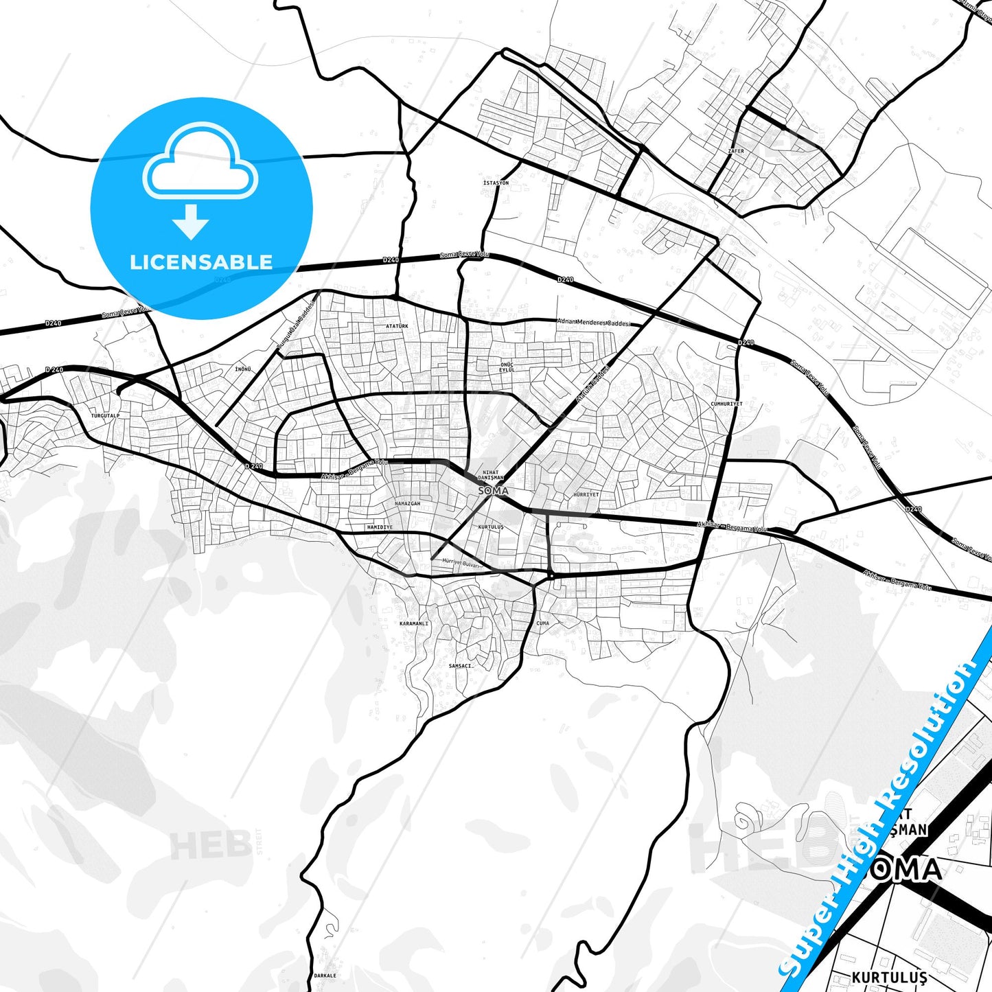 Soma, Turkey Light Map with Street Names, City Names, and Districts