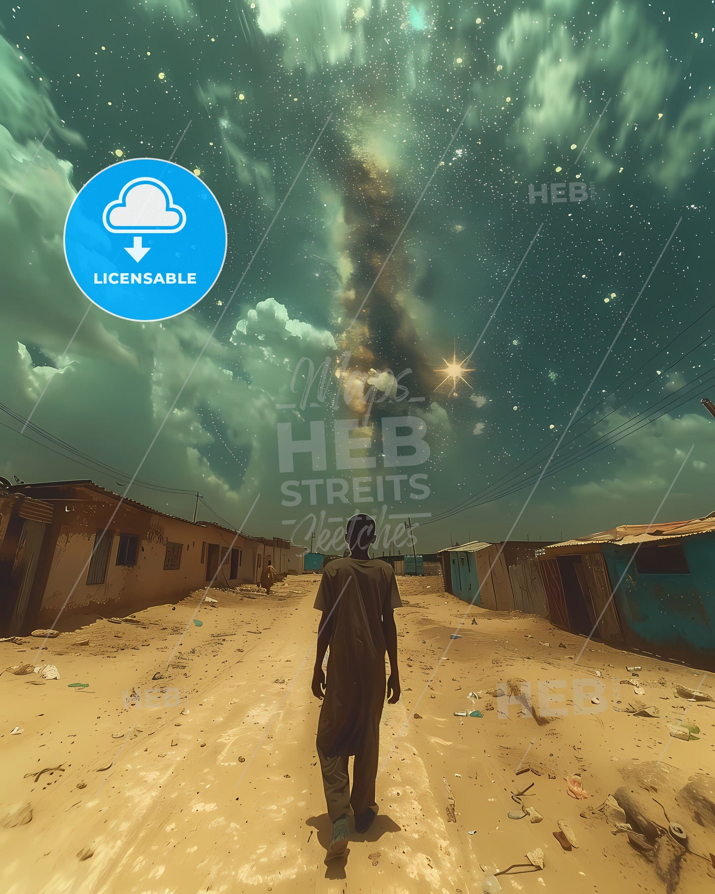 African Art, Somalia, Vibrant Painting, Dirt Road, Buildings, Stars, Night Sky