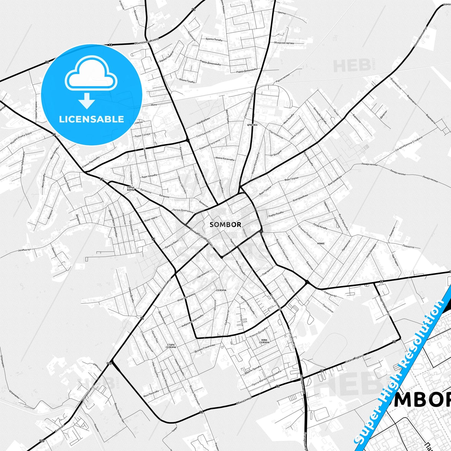 Sombor, Serbia Light Map with Street Names, City Names, and Districts
