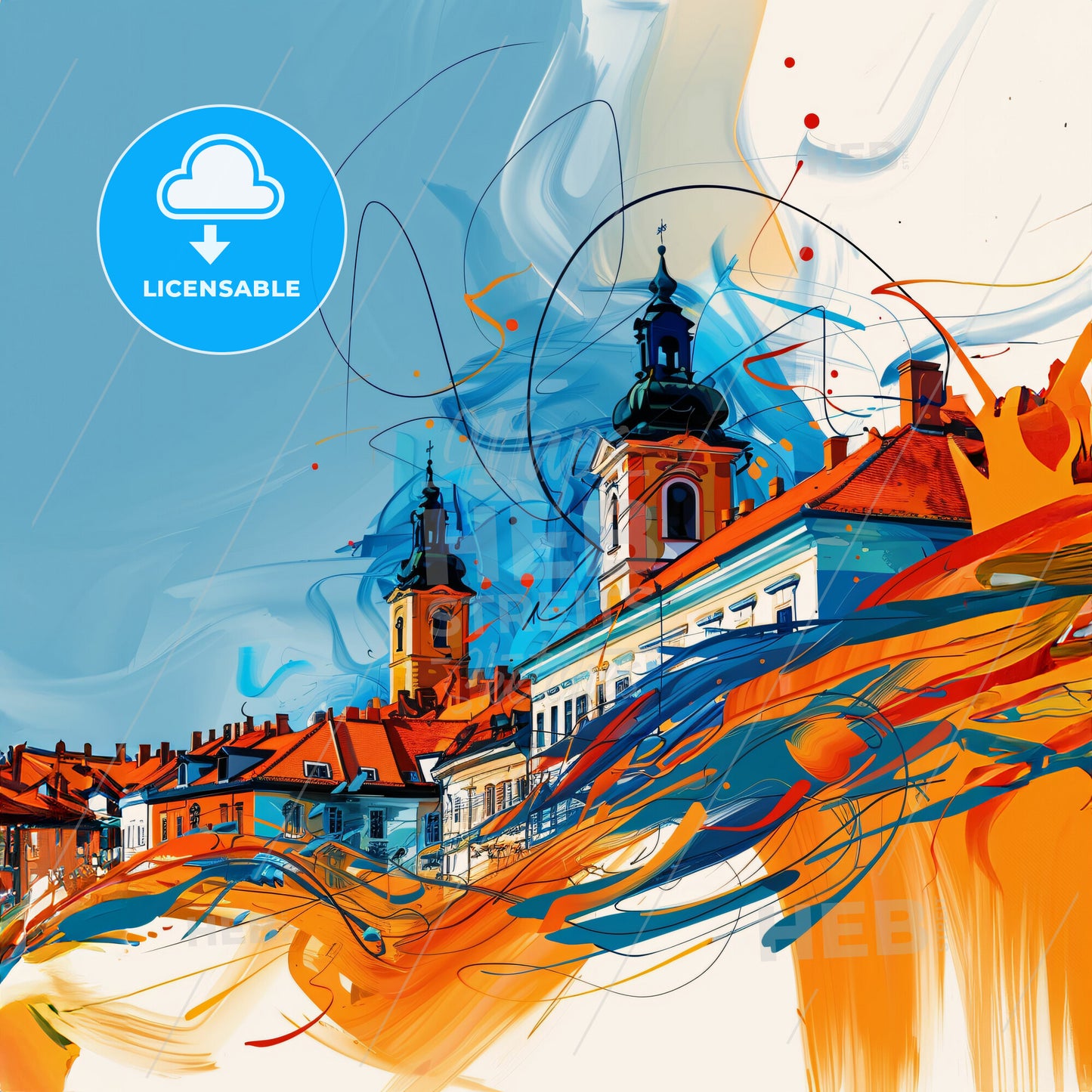 Vibrant Sopron, Hungary - A Painting Of A Building With Orange And Blue Colors