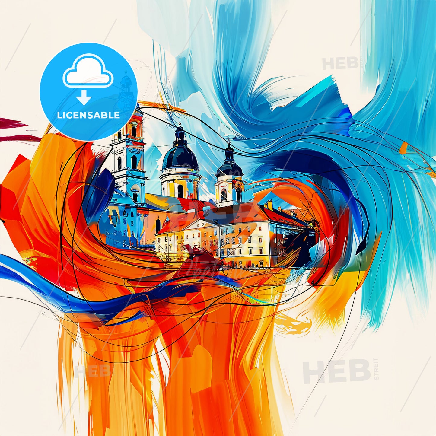 Vibrant Sopron, Hungary - A Painting Of A Building With A Colorful Swirl