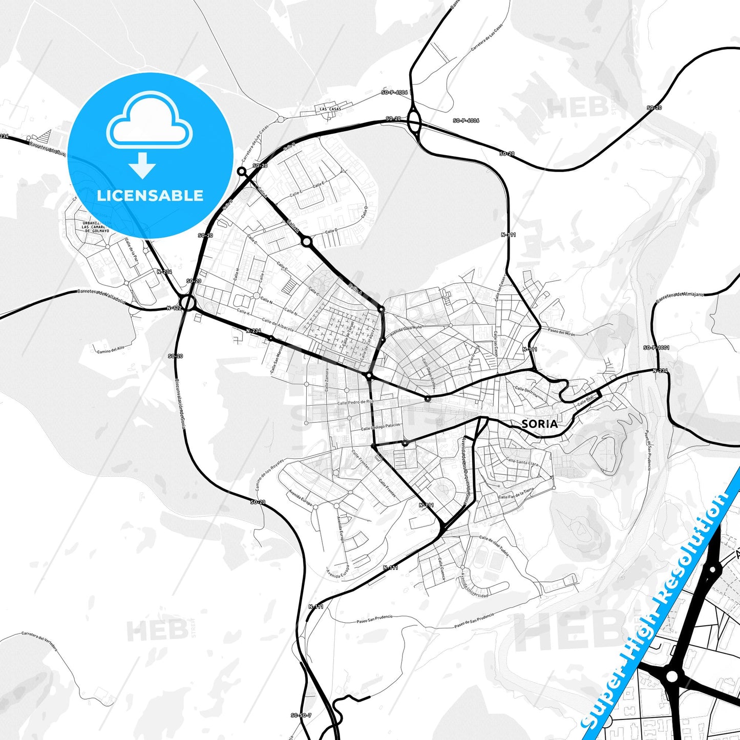 Soria, Spain Light Map with Street Names, City Names, and Districts