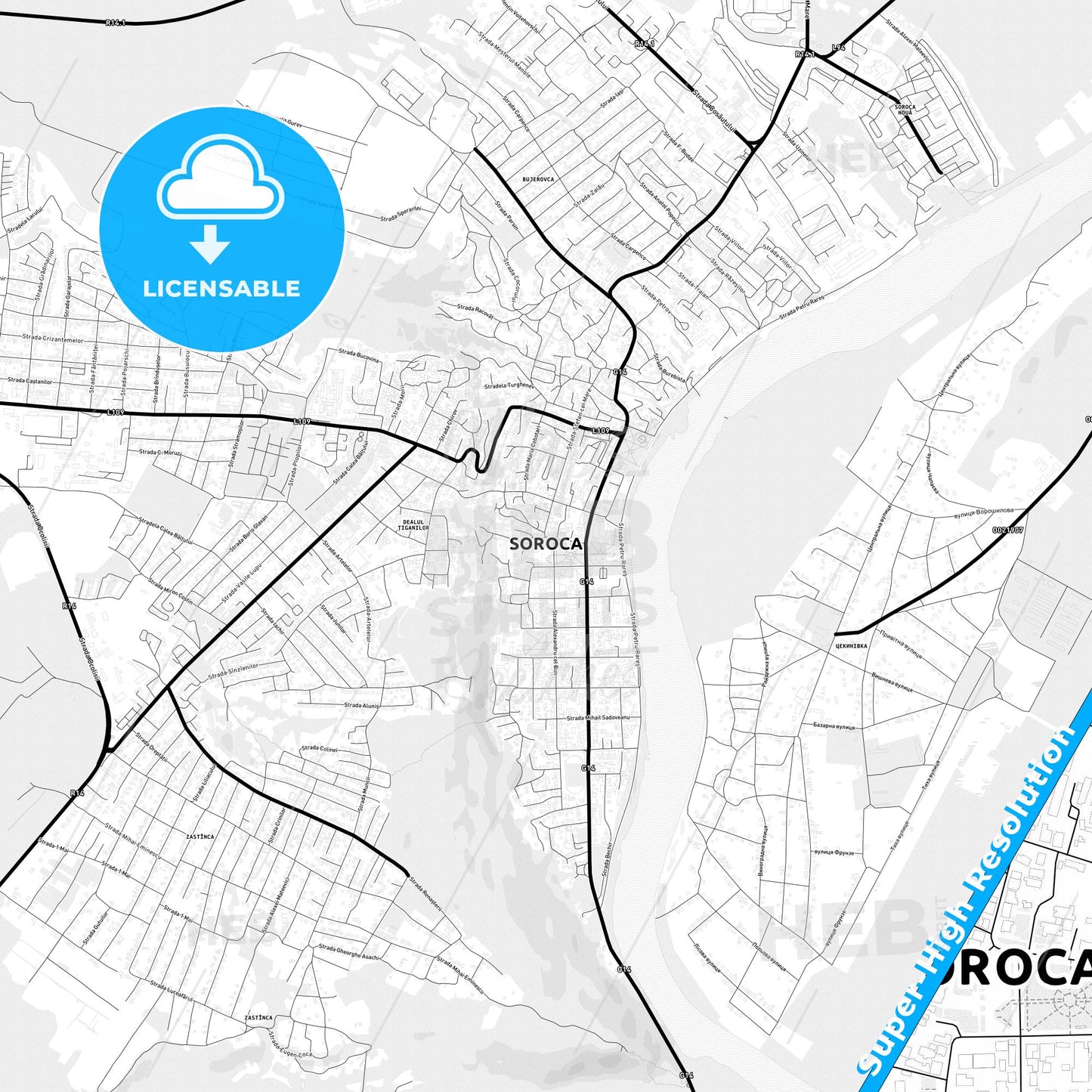Soroca, Moldova Light Map with Street Names, City Names, and Districts