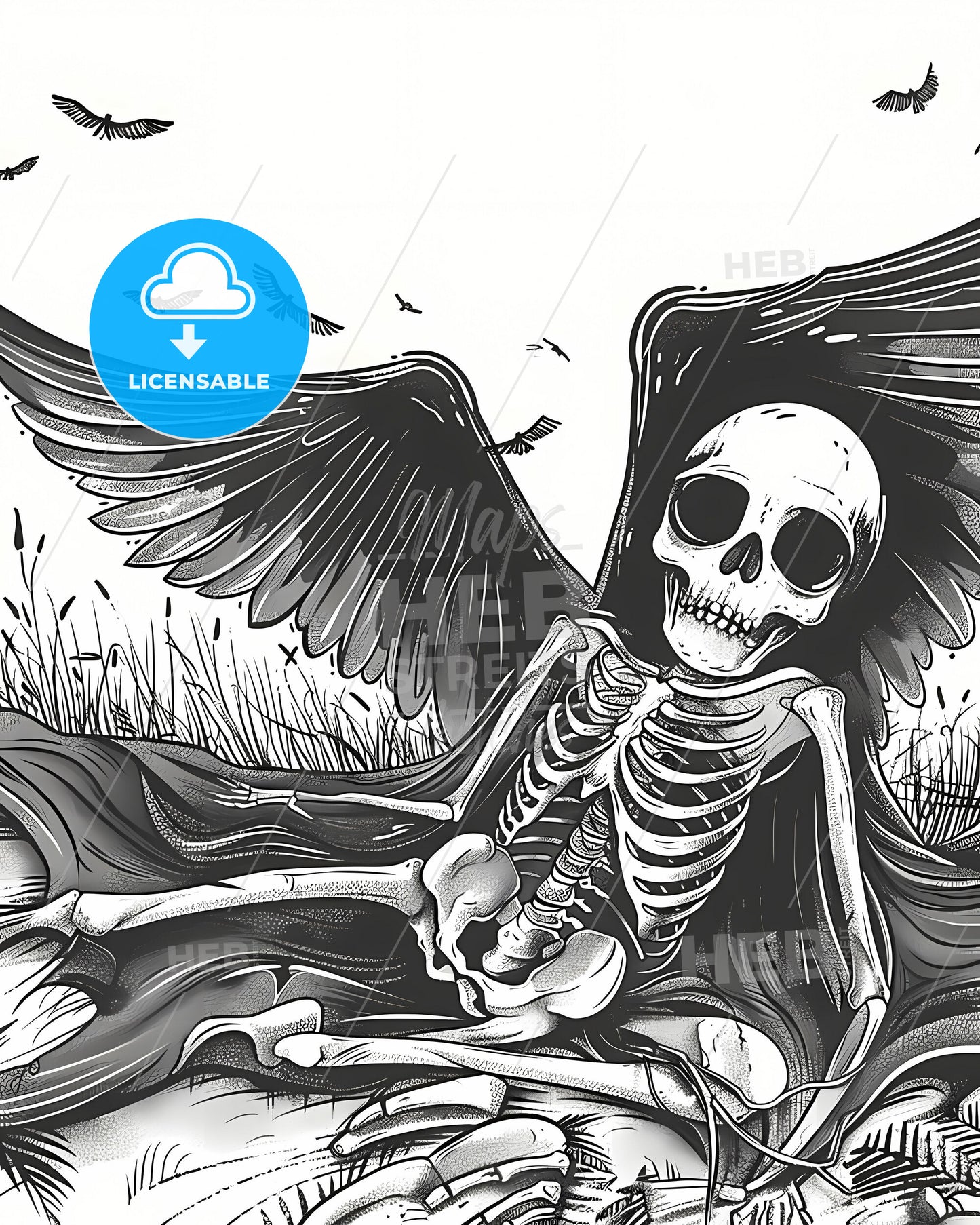 Vibrant Painting of a Winged Skeleton Wrapped in a Blanket: Soul Empty Body