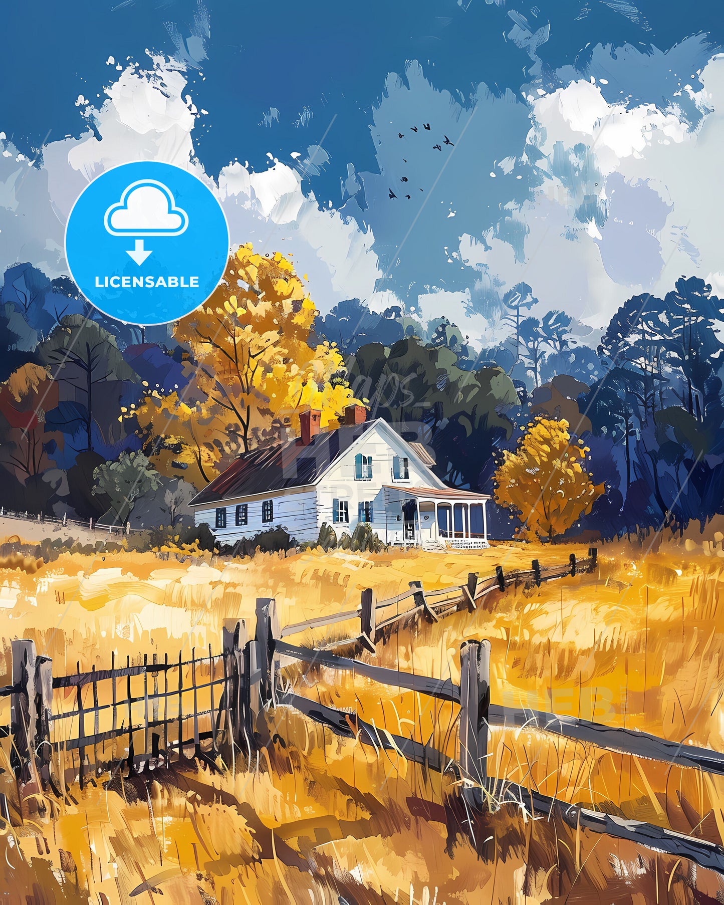 Vibrant Landscape Painting: South Carolina Field House with Trees and Fence