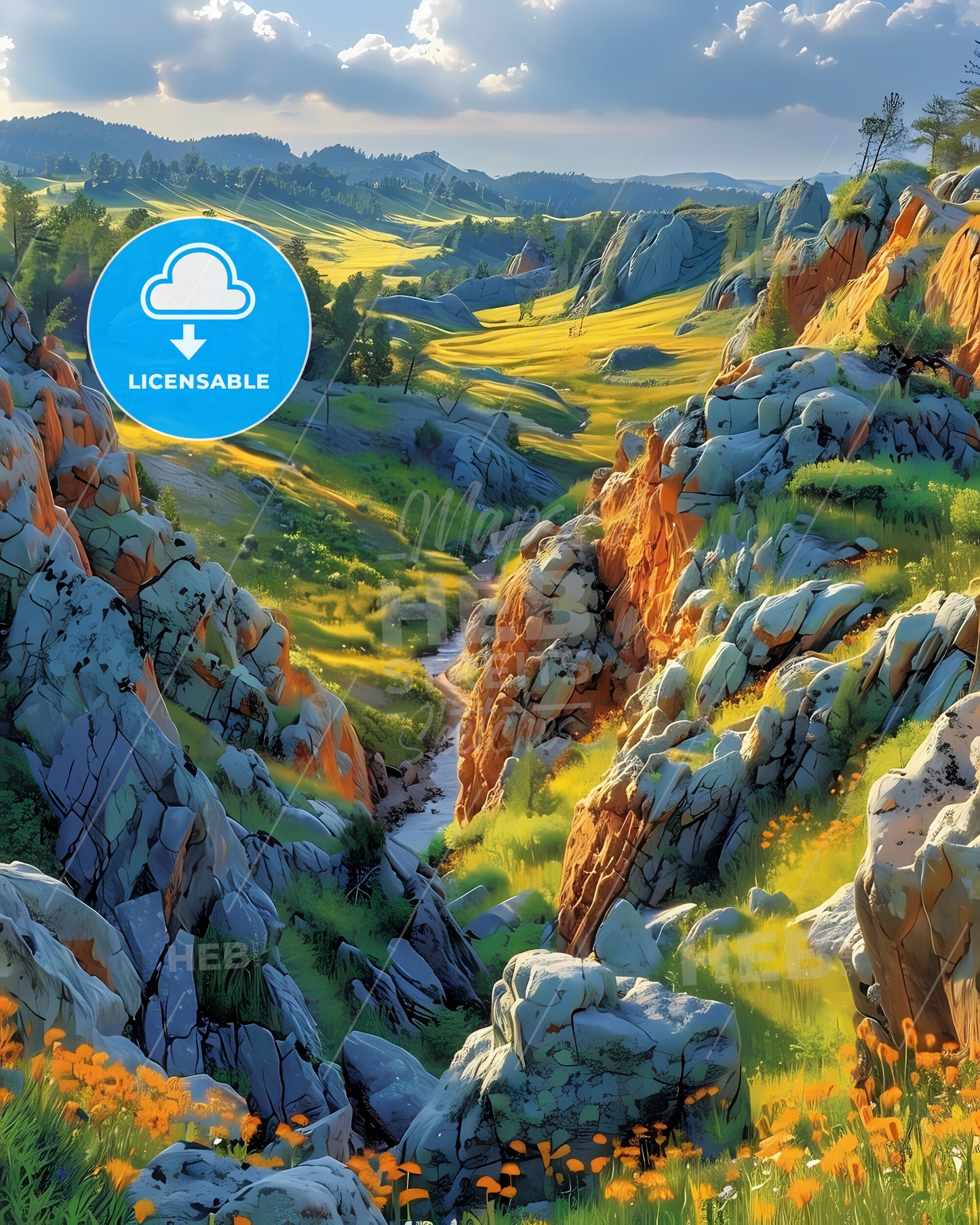 Vibrant Digital Painting of Rocky Hills, Trees, and Grass in South Dakota, USA