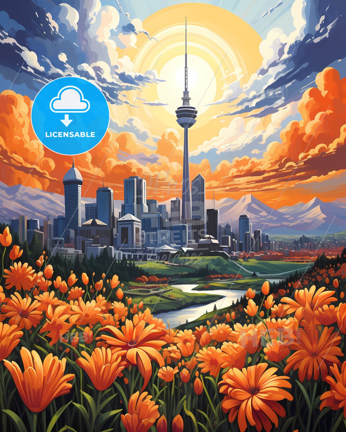 Vibrant Cityscape Painting: South Jakarta Skyline with Colorful Flora and Mountains