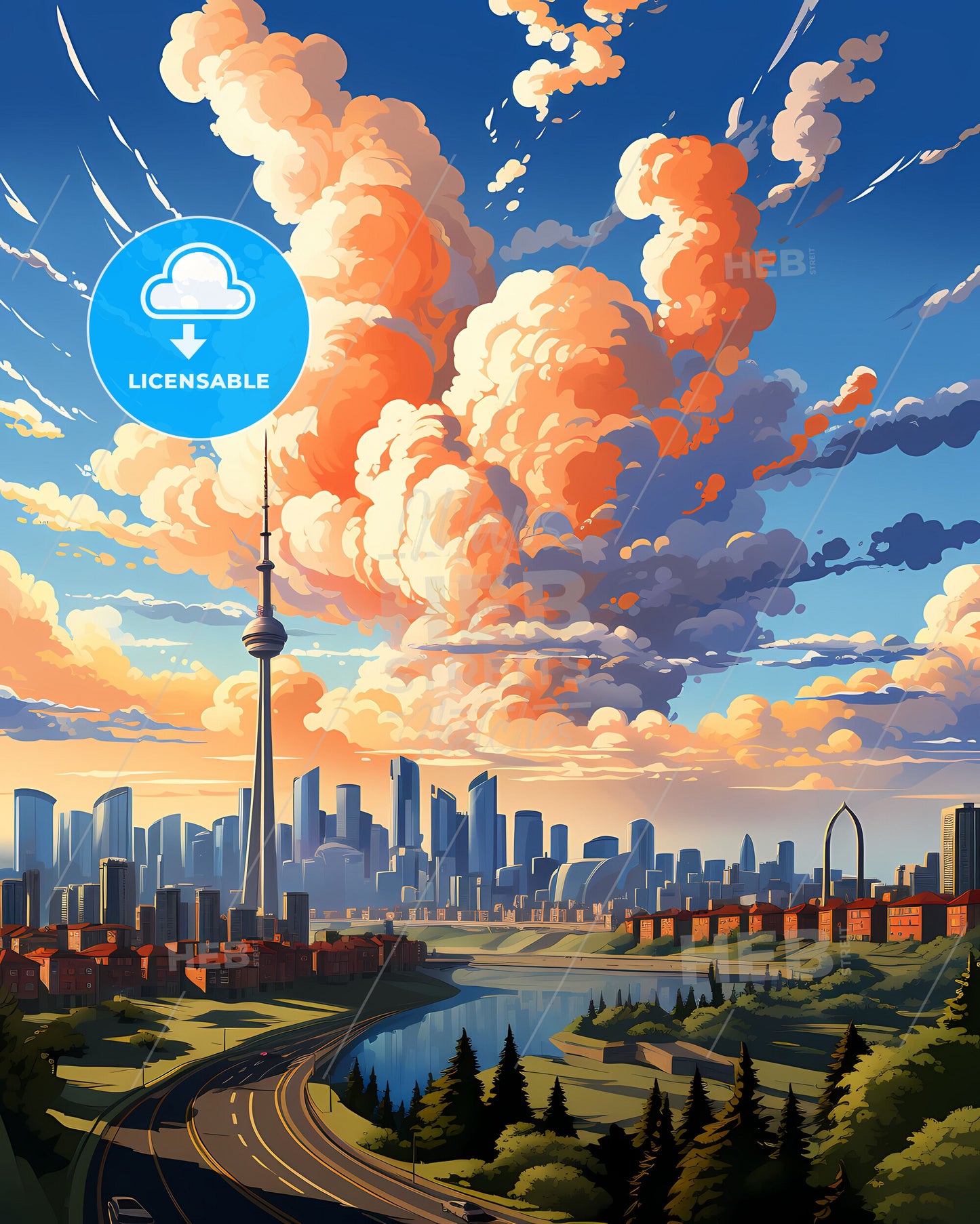 Cityscape Painting: Vibrant South Jakarta Skyline with Tower and River