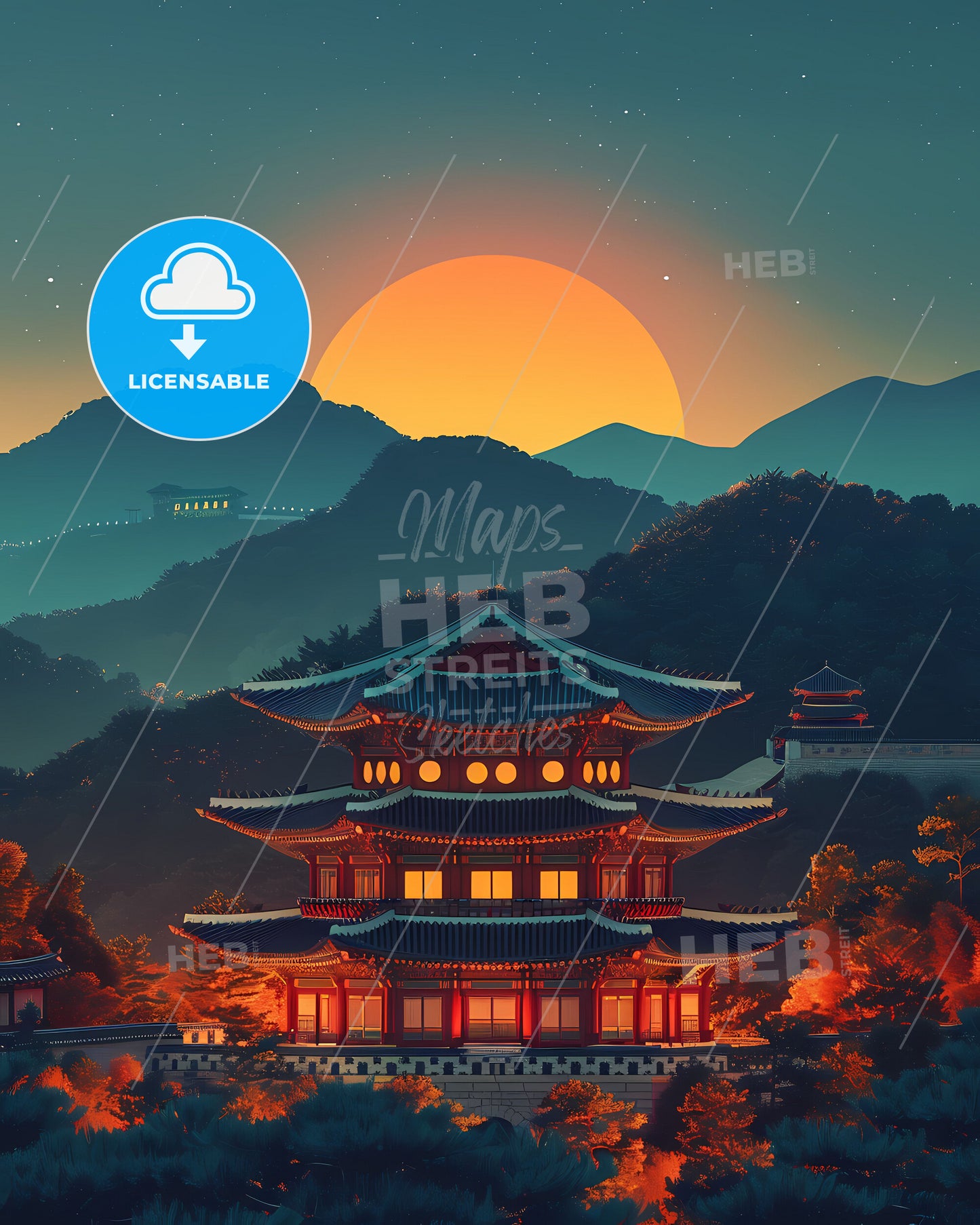 Vibrant Korean Art: Building Painting with Sun Motif, South East Asia, East Asia