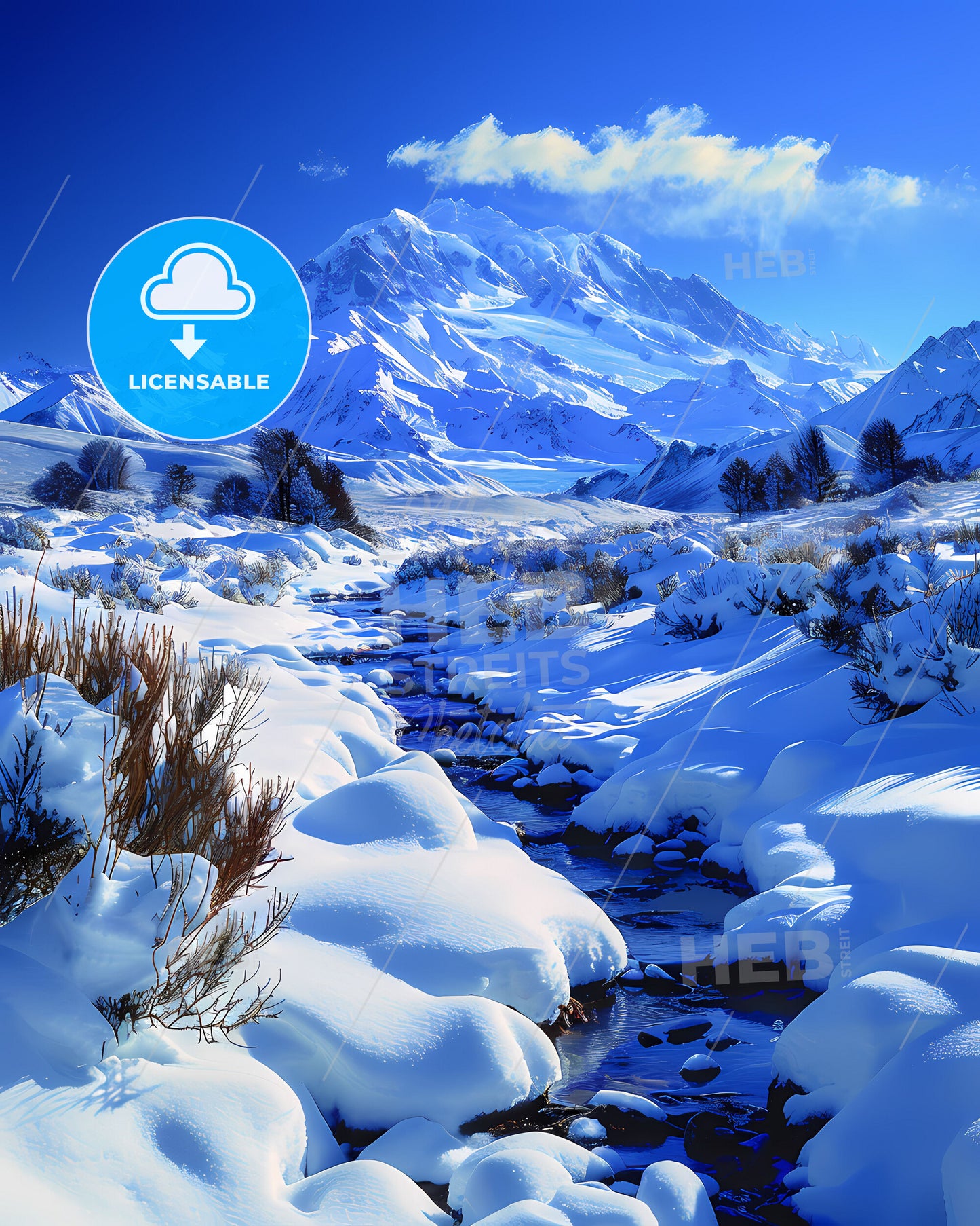 Vibrant Landscape Painting: Artistic Interpretation of River in Snowy South American Valley